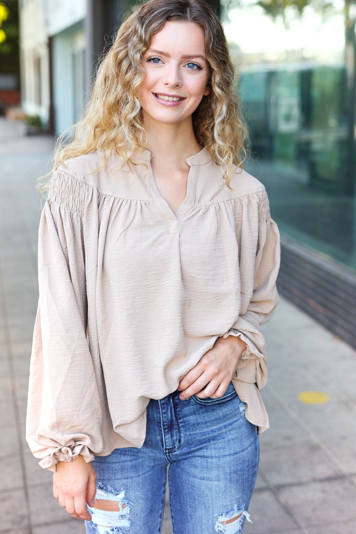 Boho Chic Taupe Smocked Bubble Sleeve Blouse with Notched Neckline - Perfect for Summer Festivals & Beach Vacations