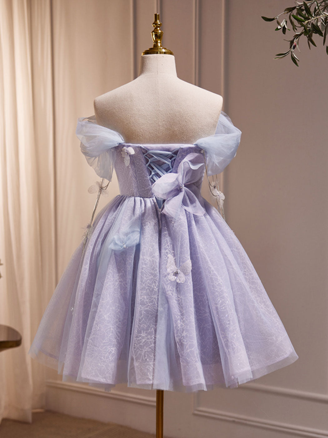 Elegant Purple Off-Shoulder Tulle Short Prom Dress for Homecoming, Party & Special Occasions | Flattering A-Line Silhouette | Perfect for Dances, Formals & Evening Events
