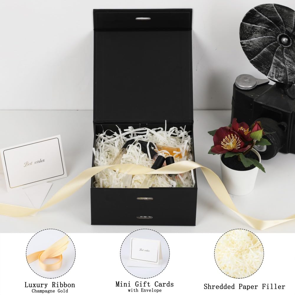 Premium 6x6x3 Inch Black Gift Box with Ribbon - Magnetic Closure Luxury Collapsible Rectangle Box with Lid (1 Pack) - Includes Shredded Paper Filler & Greeting Card - Perfect for Jewelry, Cosmetics, Wedding Favors & Party Gifts