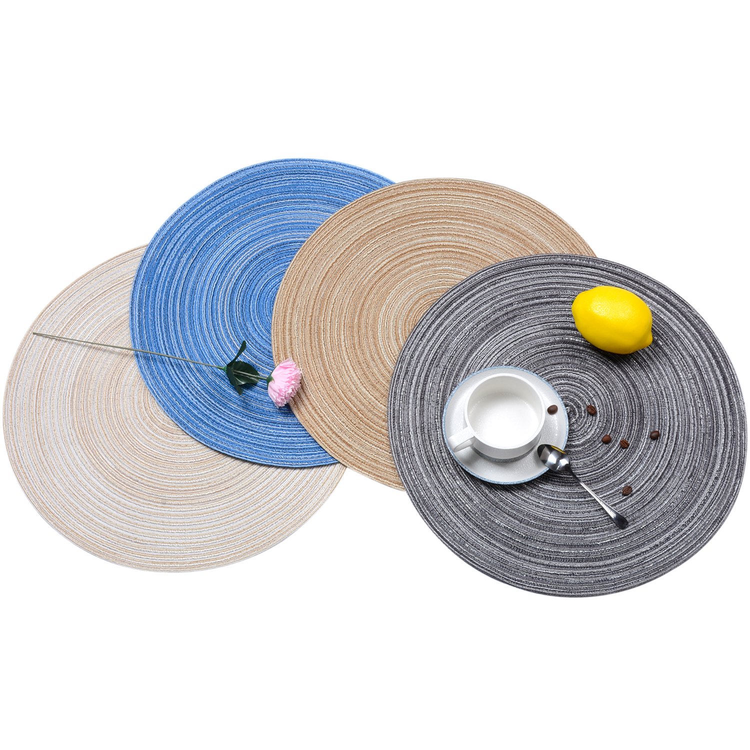 Braided Round Placemats Set of 6 - 15 Inch Washable Table Mats for Kitchen & Dining - Brown Woven Placemats for Everyday Use, Dinner Parties & Home Decor