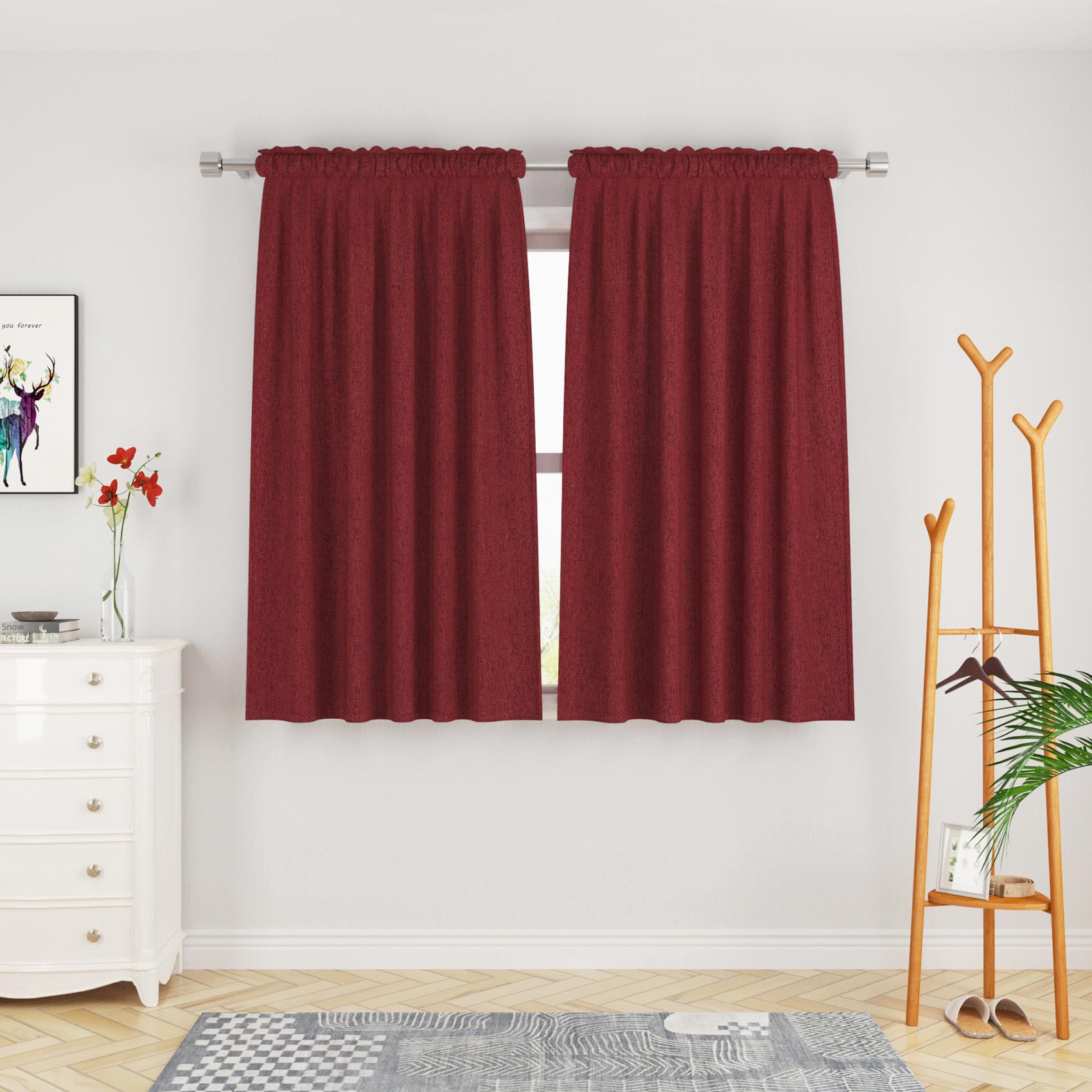 UPOPO Burgundy Red Linen Textured Curtains 45 Inches Long - 2 Panels with Rod Pocket for Privacy & Light Filtering - Perfect for Kitchen, Living Room, Bedroom & Basement Windows (Home Decor, Thermal Insulation)