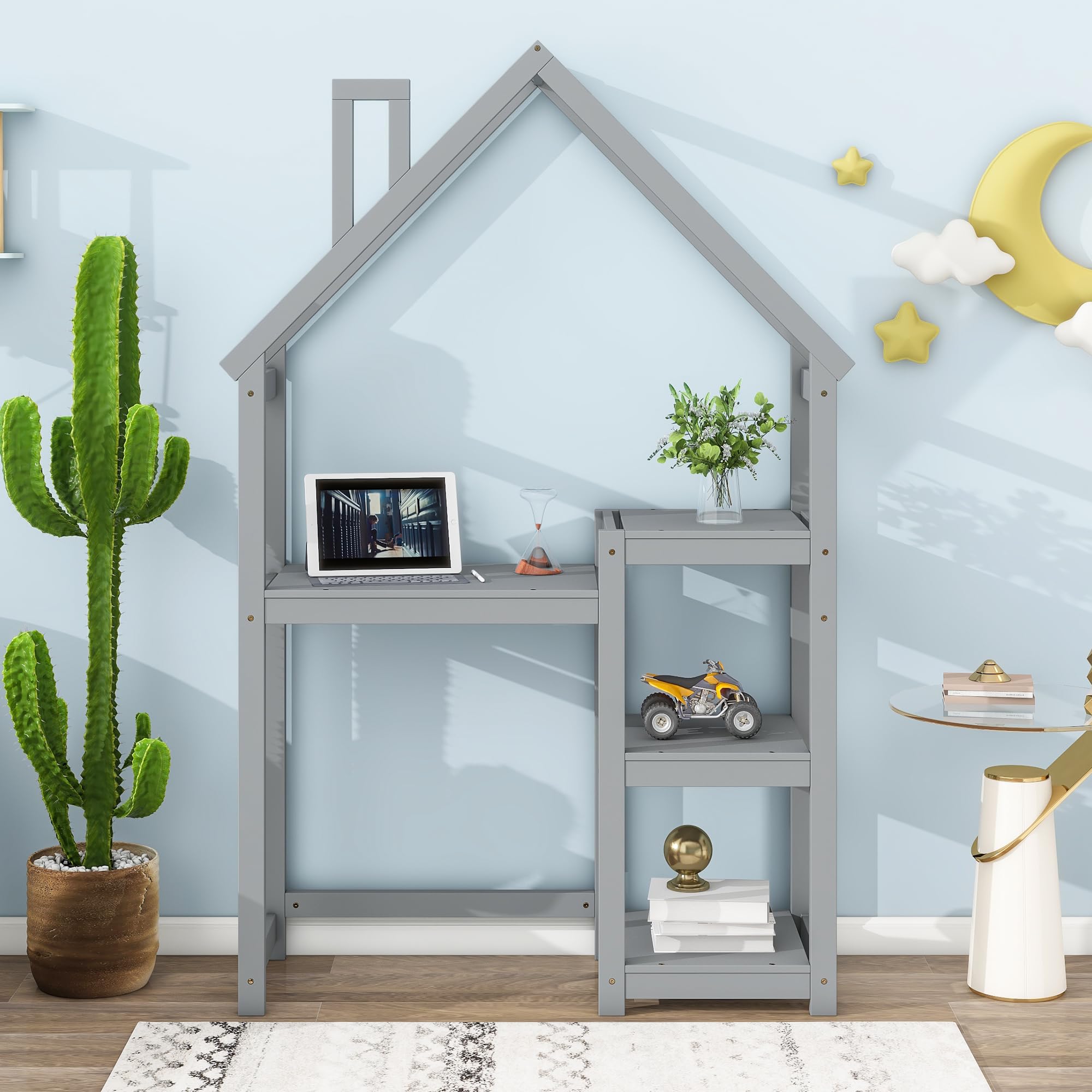 Kids Wooden House-Shaped Writing Desk - Multi-Functional Study Table with 3-Tier Storage Shelves, Open Bookshelf & Toy Organizer - Stylish Grey Roof Design for Bedroom, Playroom or Homeschooling