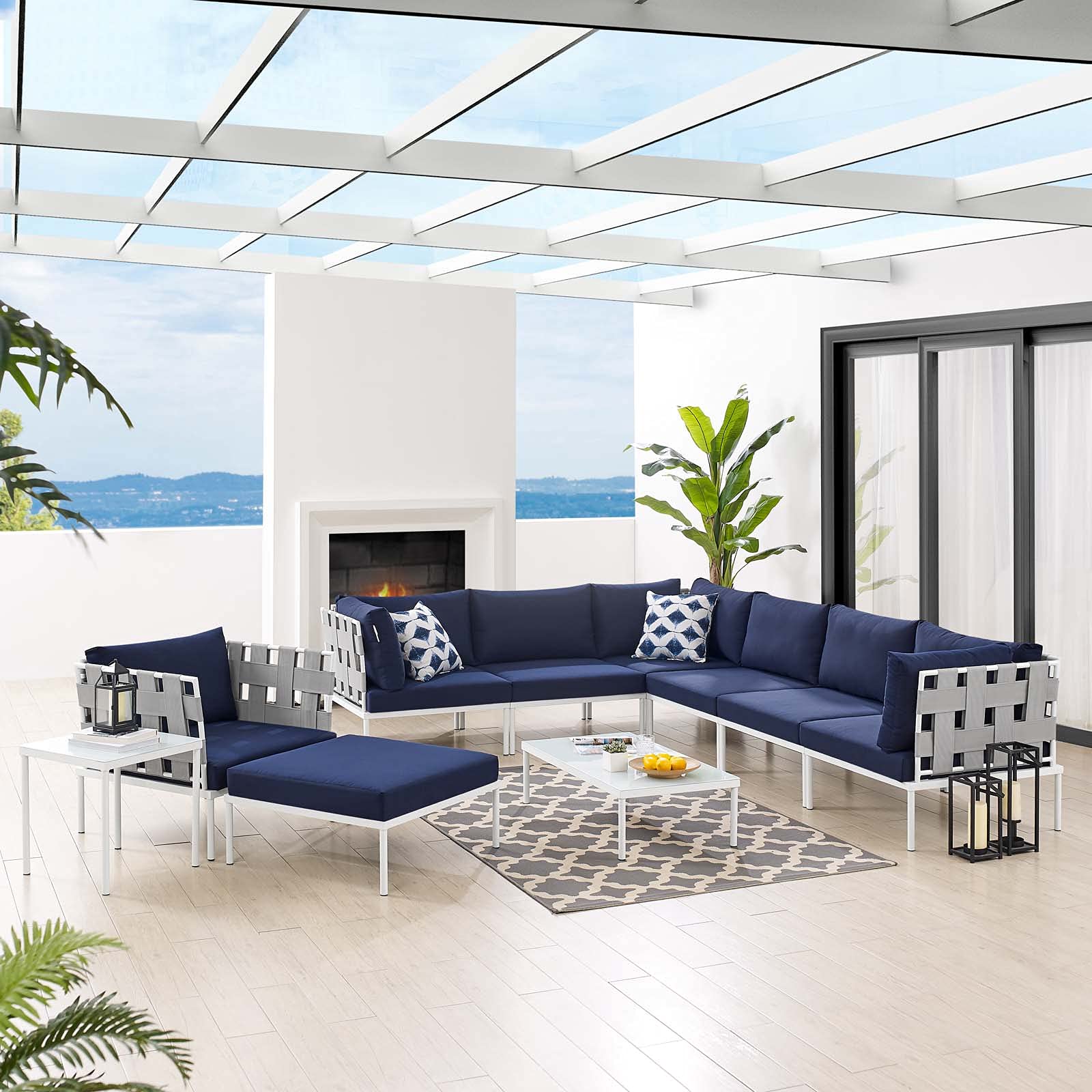 Modern Aluminum Lounge Sectional Sofa Set with Coffee Table - Gray & Navy Outdoor Patio Furniture for Garden, Poolside, and Backyard Relaxation