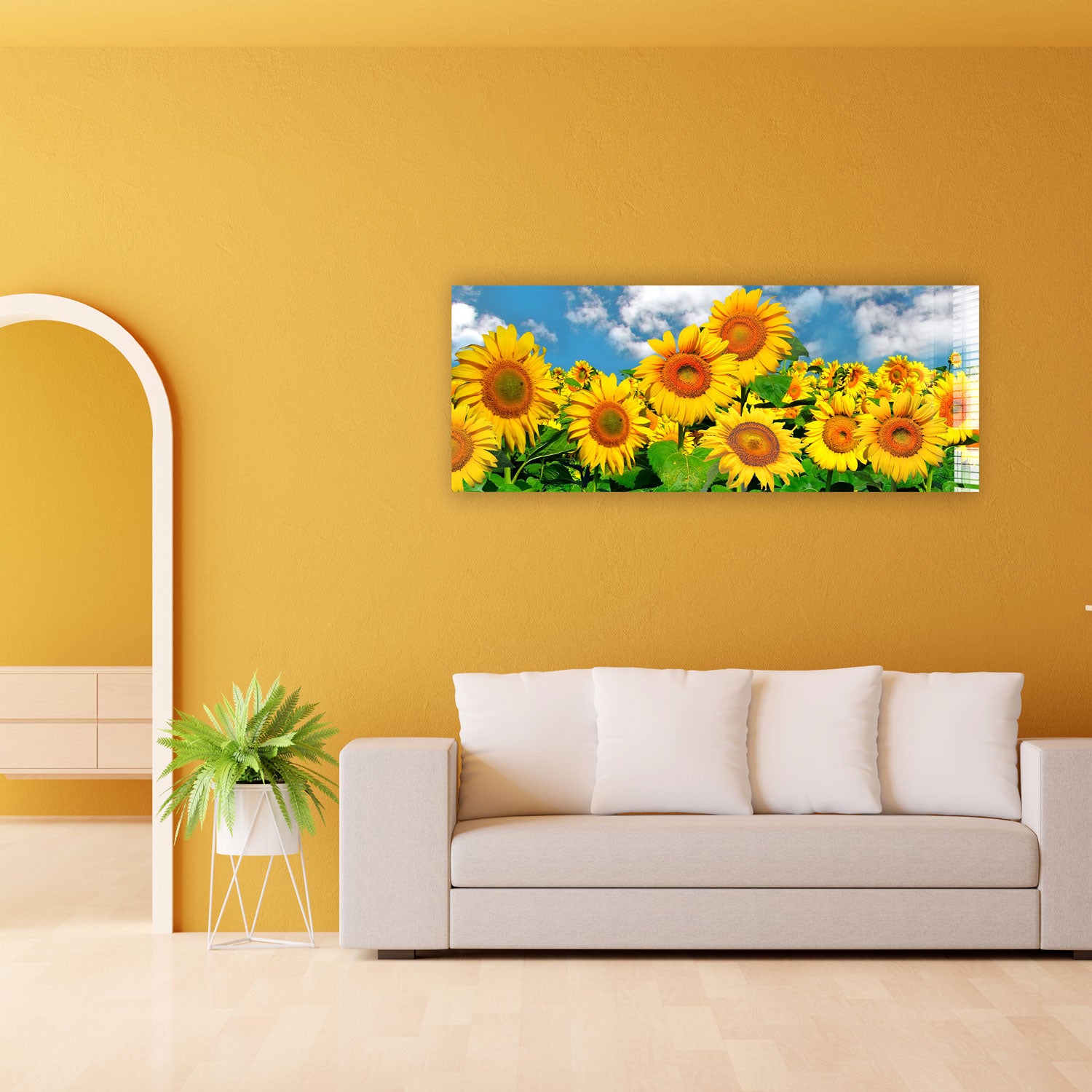 Happy Sunflowers Panoramic Wall Art - Vibrant Floral Decor for Living Room, Bedroom & Office - Perfect for Home & Office Decor