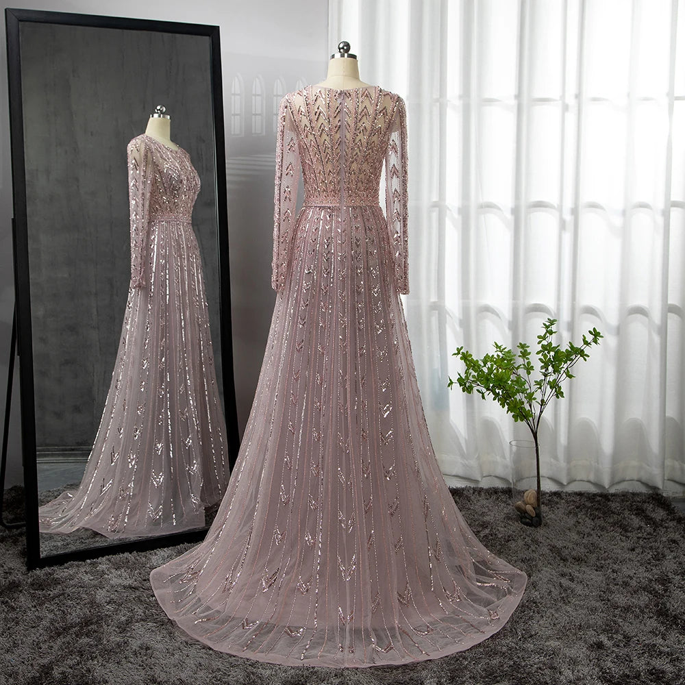 Elegant Pink Mermaid Evening Gown with Beaded Details - Long Sleeve O-Neck Formal Dress for Women - Perfect for Prom, Wedding Guest & Special Occasions