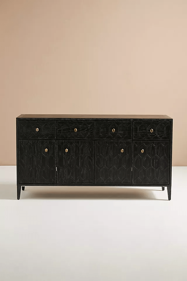 Hand Carved Textured Trellis Buffet Table - Black Indian Furniture for Dining Room & Living Room Storage