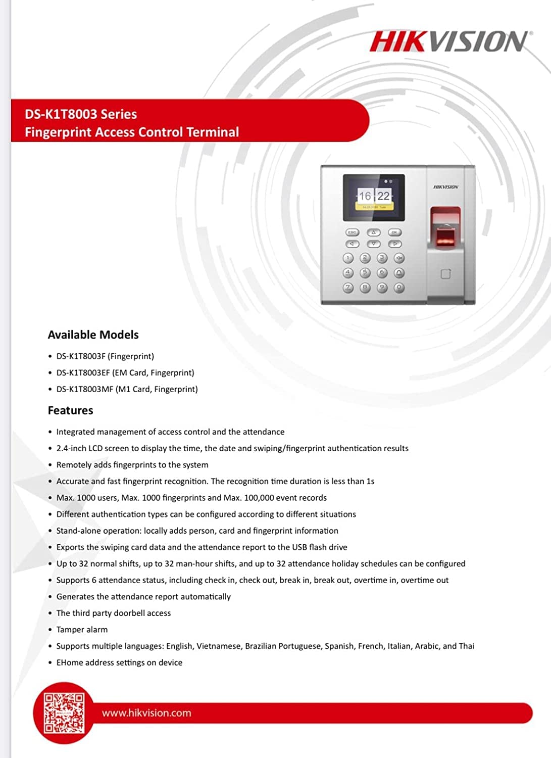 HIKVISION DS-K1T8003EF Biometric Fingerprint & RFID Card Access Control System - 1000 Fingerprint Capacity with 200 JK Vision Smart Cards for Office Security & Time Attendance Tracking