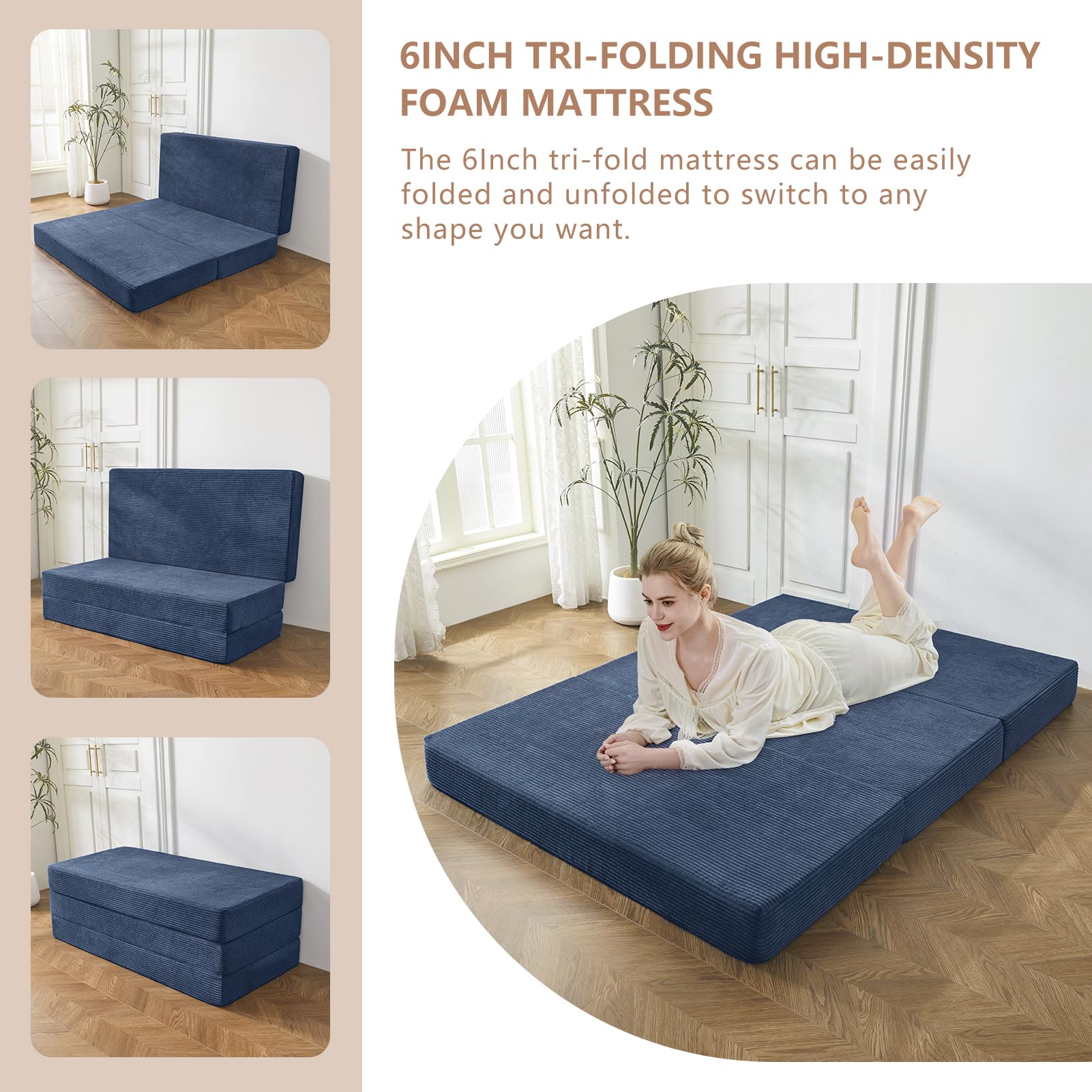 MAXYOYO 6 Inch Corduroy Tri-Folding Gel Memory Foam Mattress Topper - Foldable Guest Bed & Camping Pad in Blue | Perfect for Spare Rooms, Sleepovers & Outdoor Adventures