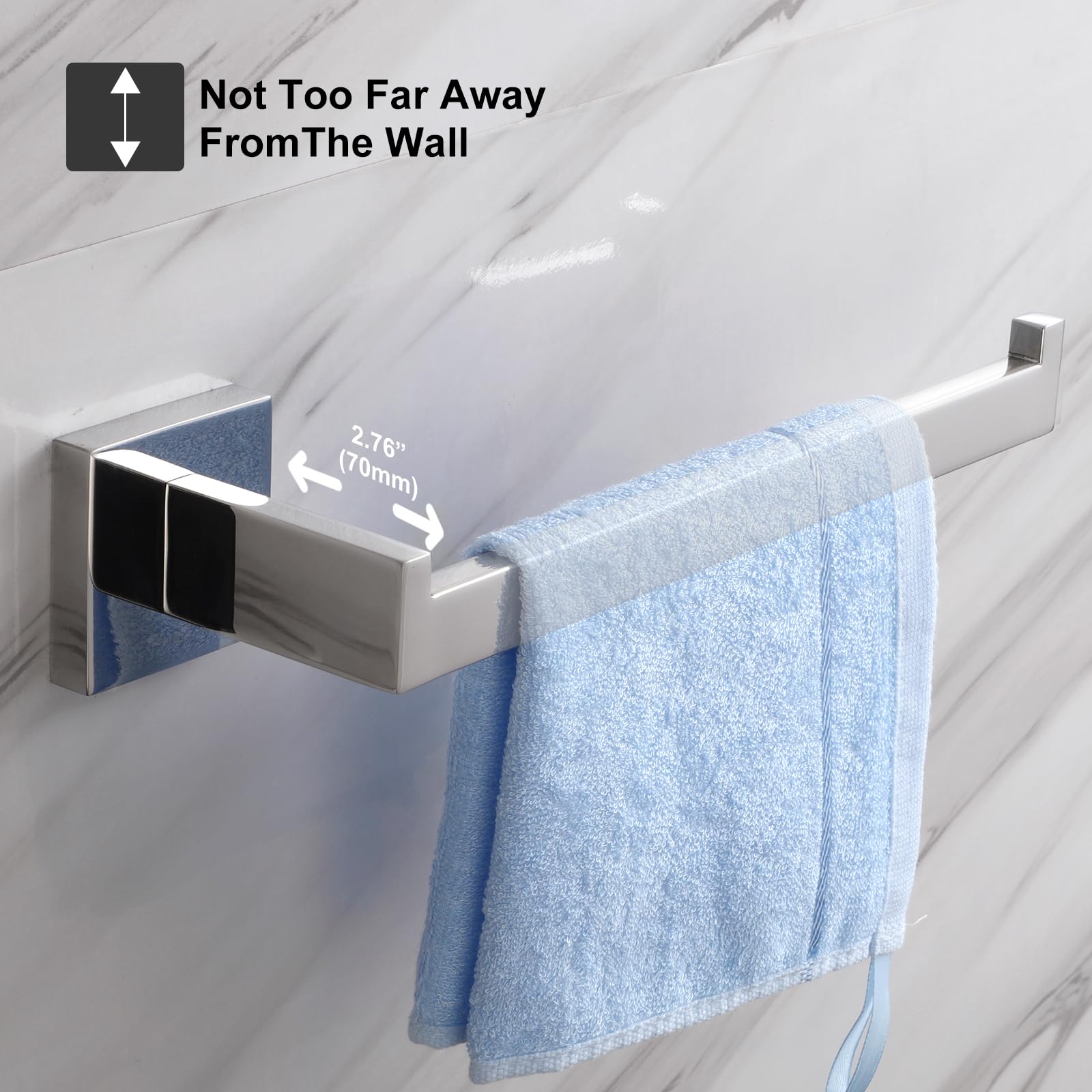 Chrome Silver 10-Inch Right Side Square Hand Towel Holder - Wall Mount Stainless Steel Towel Bar & Ring for Bathroom, Kitchen & Lavatory - Polished Towel Racks Hanger (A8806CP) - Perfect for Small Spaces & Modern Home Decor