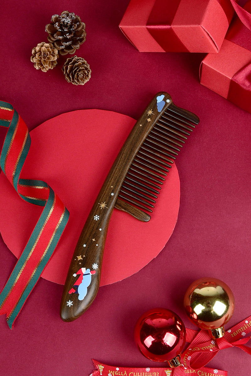 Snowman Long Handle Wooden Comb for Hair Care - Detangling & Scalp Massage - Perfect for Home, Travel & Gifts
