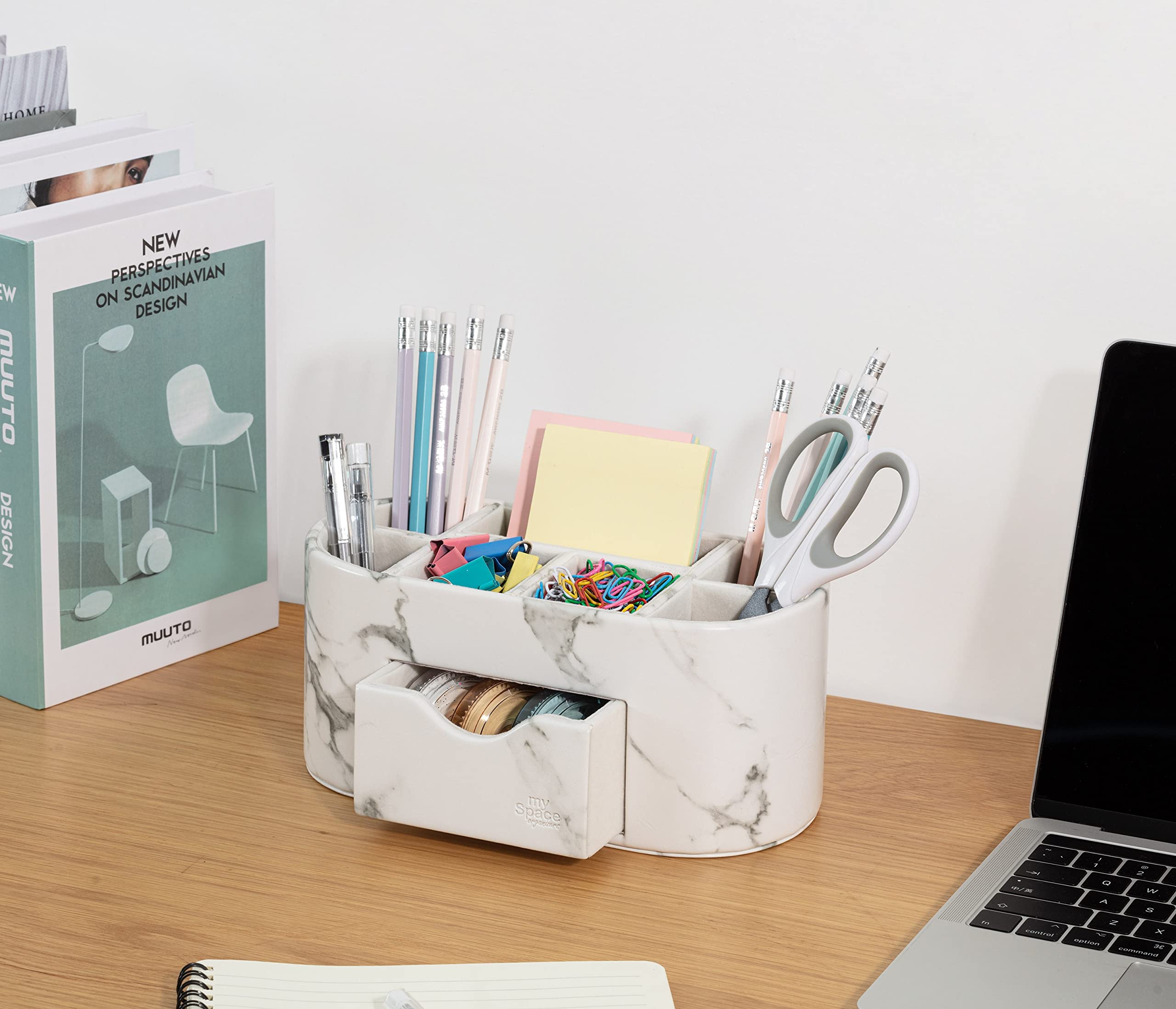 Elegant Marble Desk Organizer for Office & School Supplies - Stylish Pencil & Pen Holder with Faux Leather - Perfect for Home, Office, College & Dorm Organization - Ideal for Decluttering Desks & Boosting Productivity