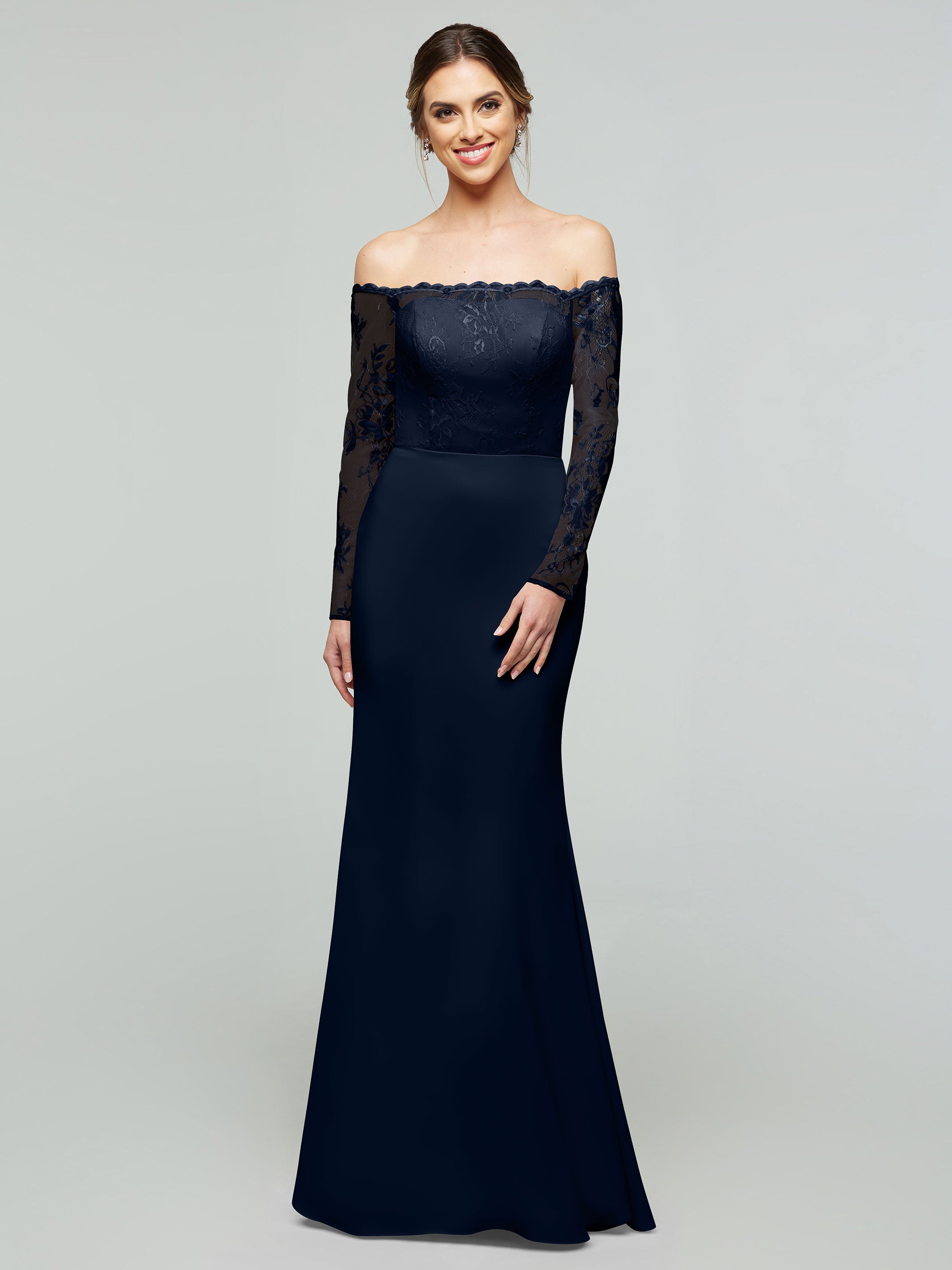 Elegant 80191 Chiffon & Lace Mermaid Bridesmaid Dress with Off-the-Shoulder Long Sleeves - Perfect for Weddings, Formal Events & Evening Parties
