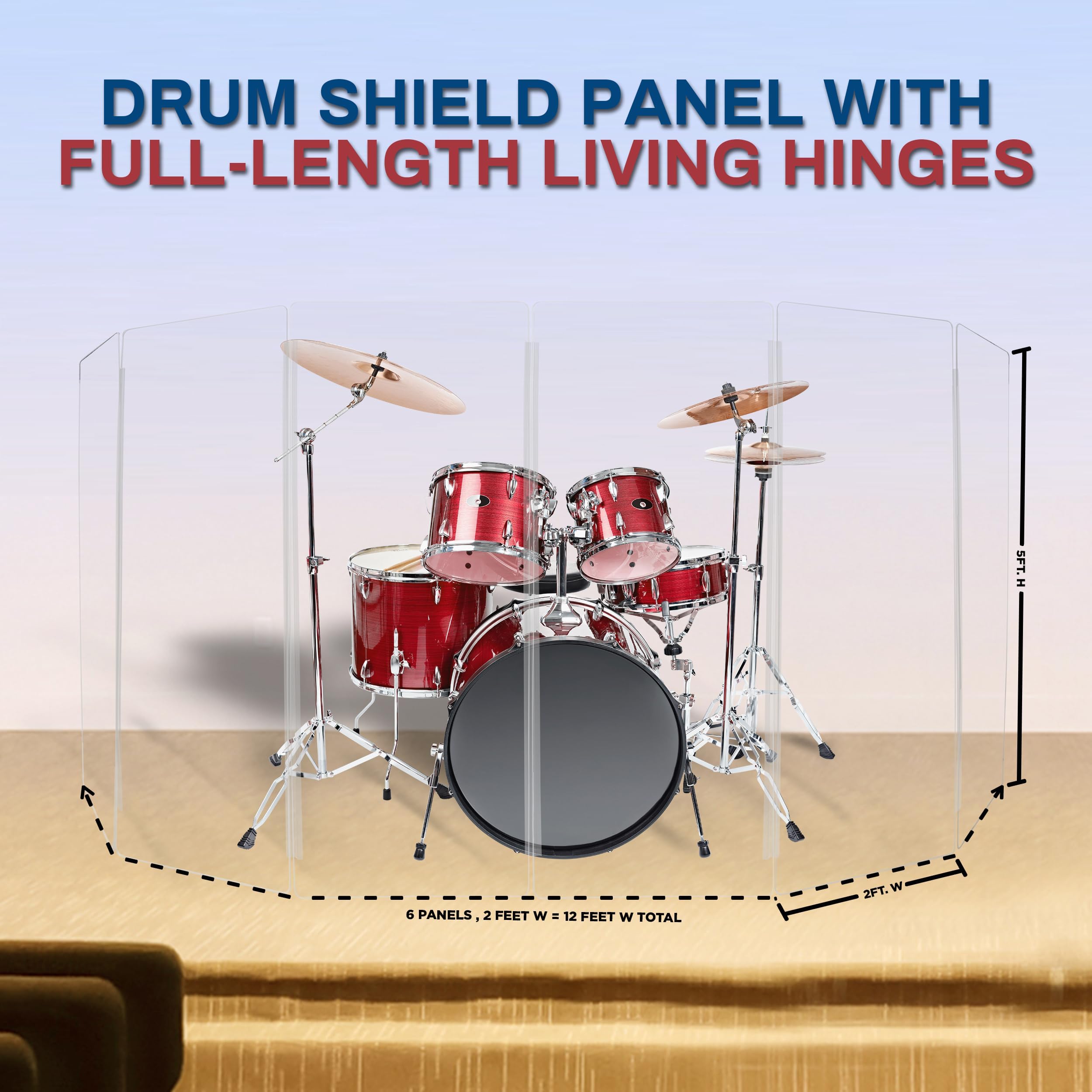 5ft Drum Shield with Plastic Hinges - 6 Premium Clear Acrylic Drum Panels & Screens for Noise Reduction - Perfect for Home Studios, Live Performances & Drum Practice Rooms