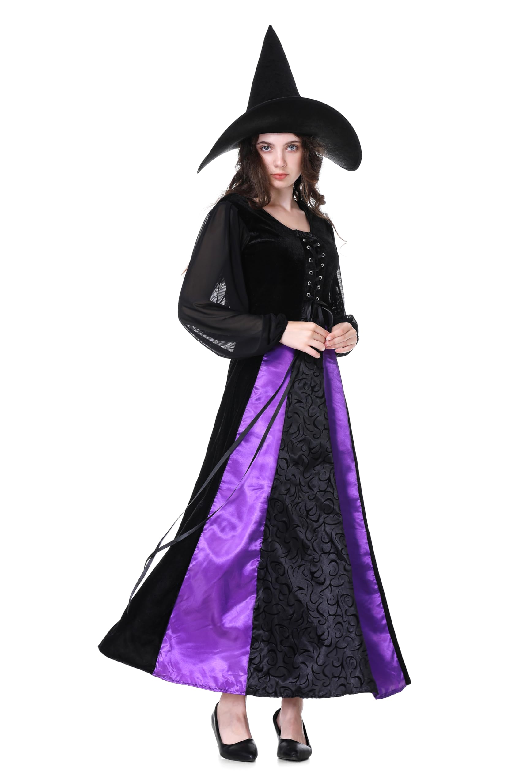 Wicked Witch Costume for Women - Purple Long Sorceress Dress with Cape | Halloween Party, Cosplay, Witch Themed Events