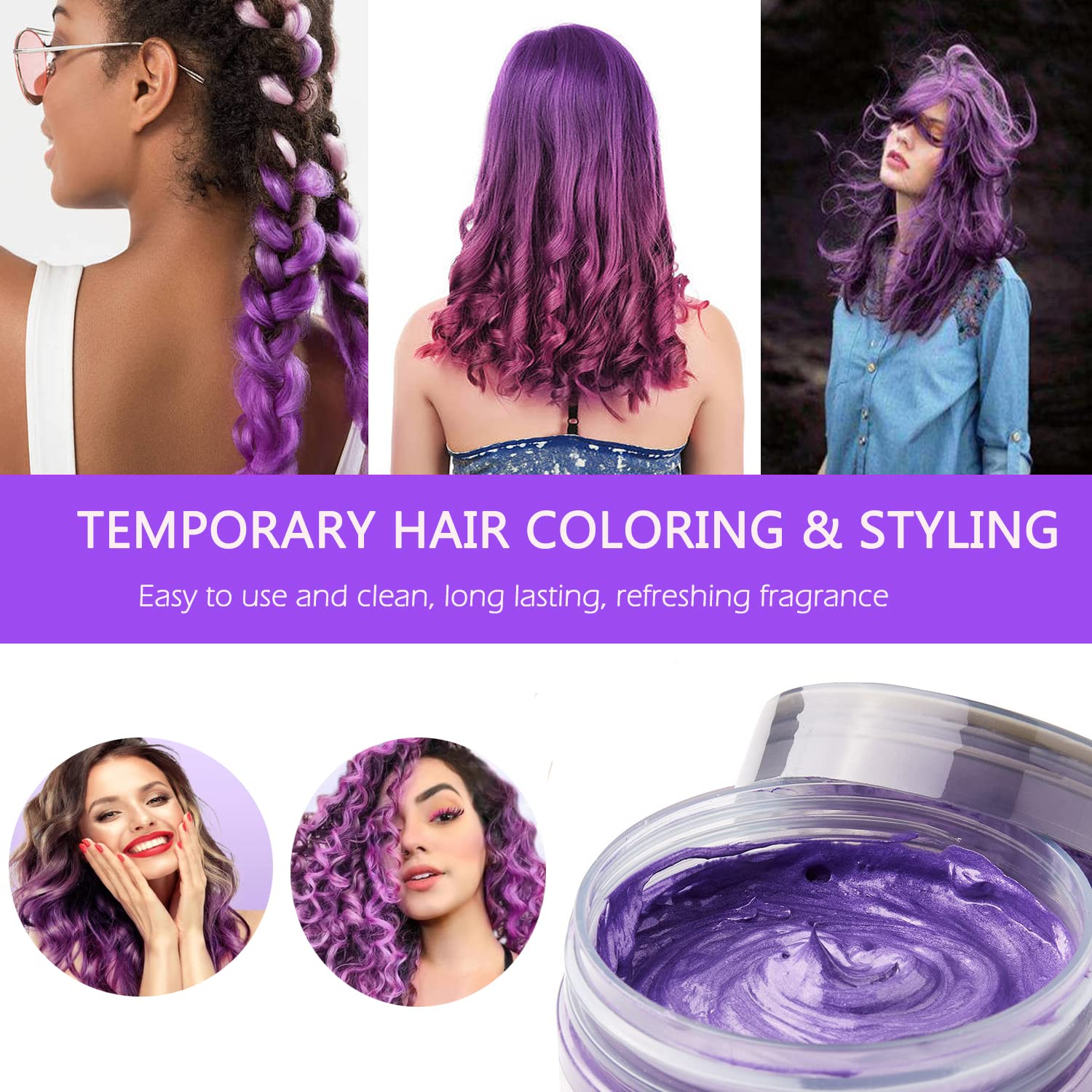 Purple Temporary Hair Color Wax - 4.23 oz Unisex Natural Hairstyle Pomade Cream for Party, Cosplay & Halloween - Vibrant Non-Permanent Hair Styling for Costumes, Events & Creative Looks