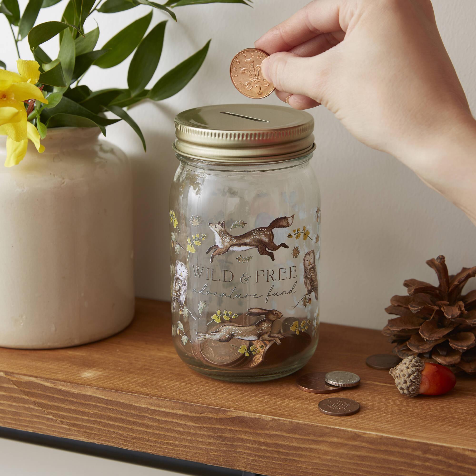 Forest Fable Glass Money Jar - Clear Savings Bank with Lid for Cash & Coin Storage - Perfect for Home Decor, Gift Giving & Financial Goal Tracking