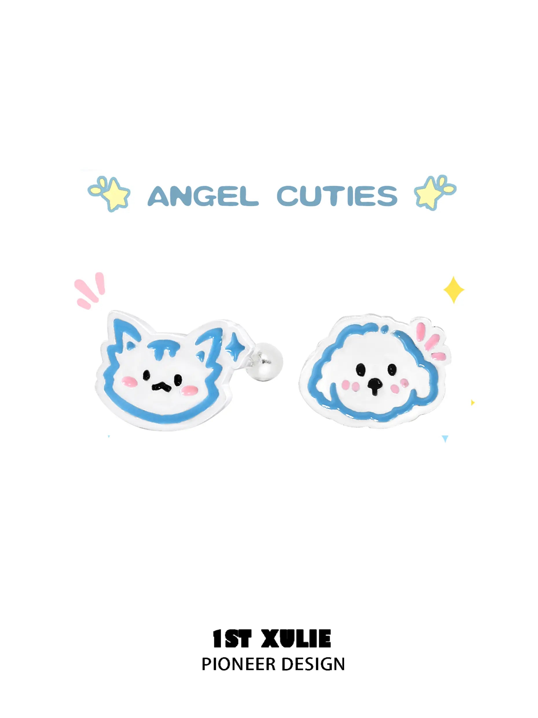 Angel Cuties 925 Sterling Silver Kitten & Puppy Stud Earrings - Hand Painted Colorful Resin Pet Jewelry for Women - Perfect Gift for Cat & Dog Lovers, Casual Wear & Special Occasions
