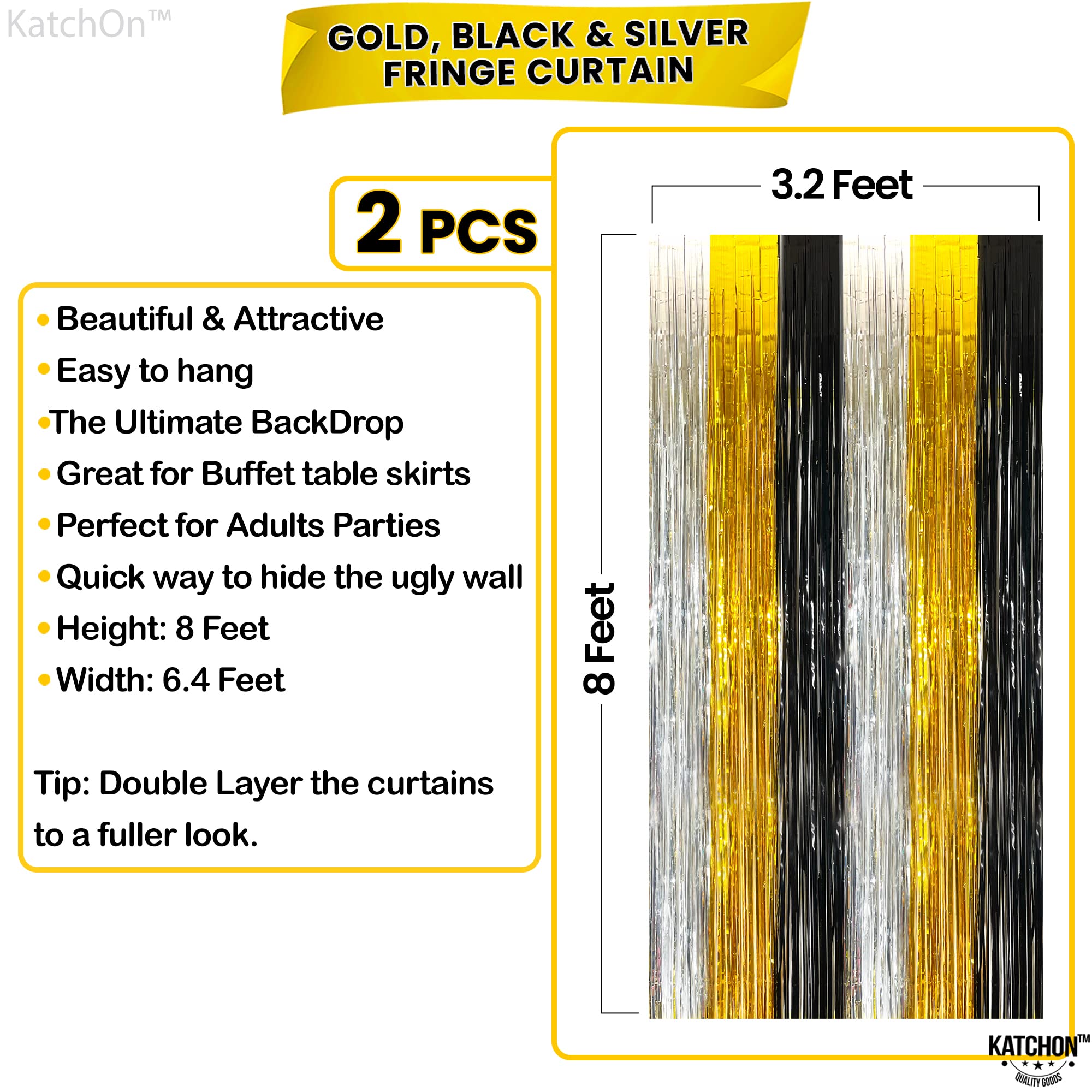 KatchOn Extra Large Silver Black & Gold Backdrop - 8x3.2 Feet (Pack of 2) | Premium Party Decorations for Graduation, Birthday & Special Events | Durable Photo Background for Boys Celebrations, Themed Parties & Home Decor