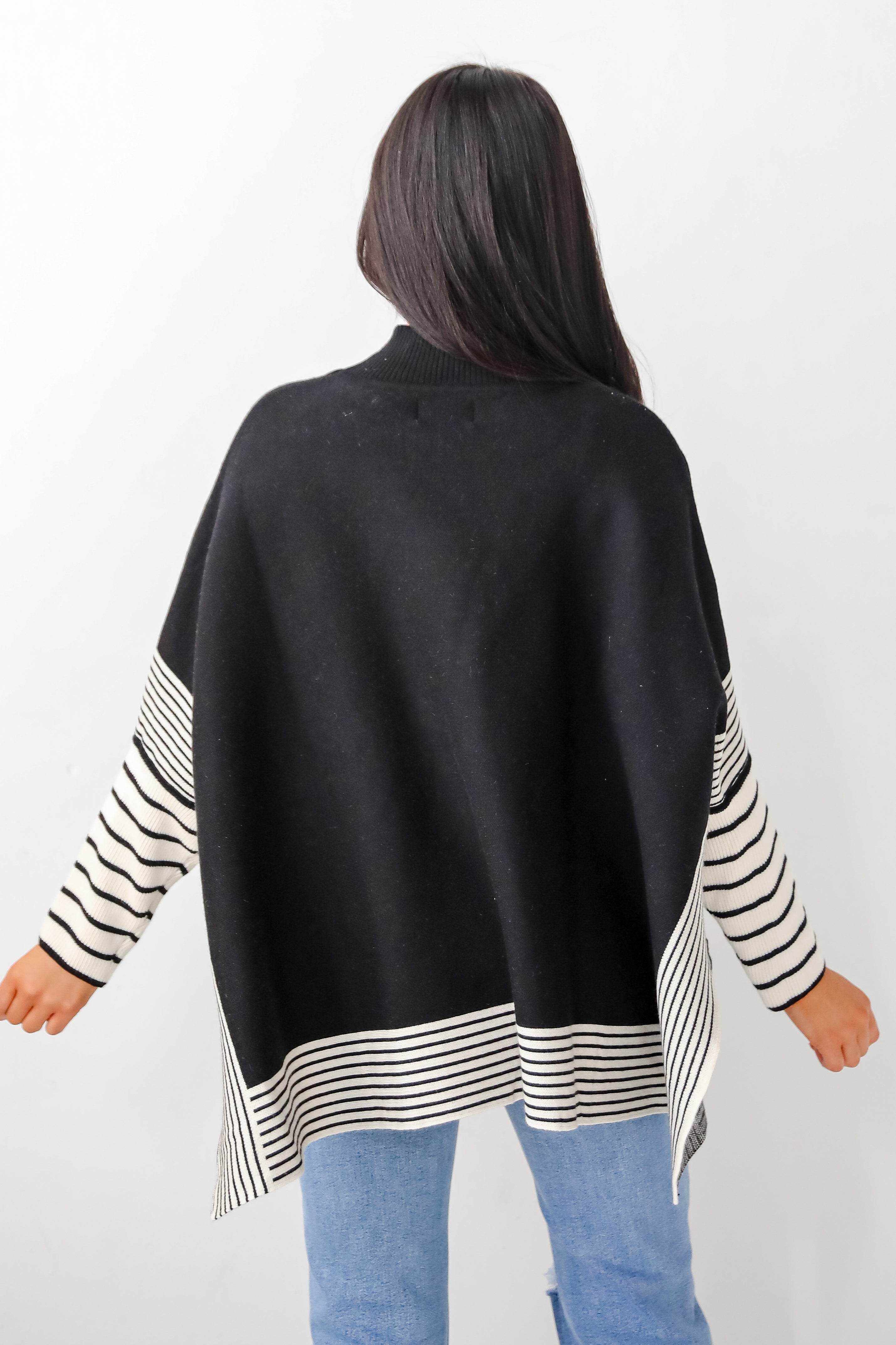 Cultivated Essential Black Striped Sweater Poncho for Women - Cozy Knit Wrap Cardigan - Perfect for Fall Winter Layering, Office Wear & Casual Outfits