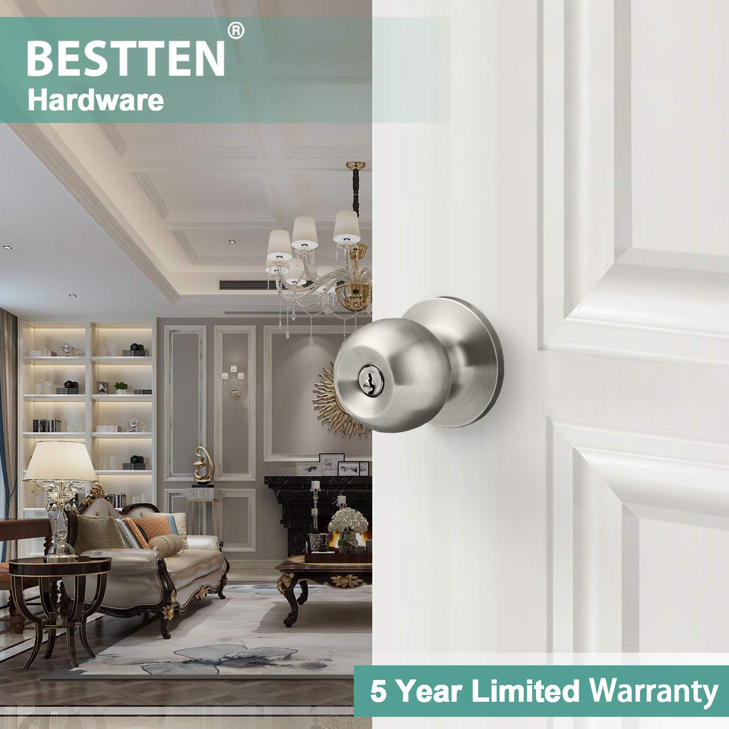 BESTTEN [2 Pack] Keyed Alike Entry Door Knob Set - Exterior & Interior Ball Door Knob with Lock & Key, Adjustable Latch, Satin Nickel Finish - Perfect for Homes, Apartments & Offices