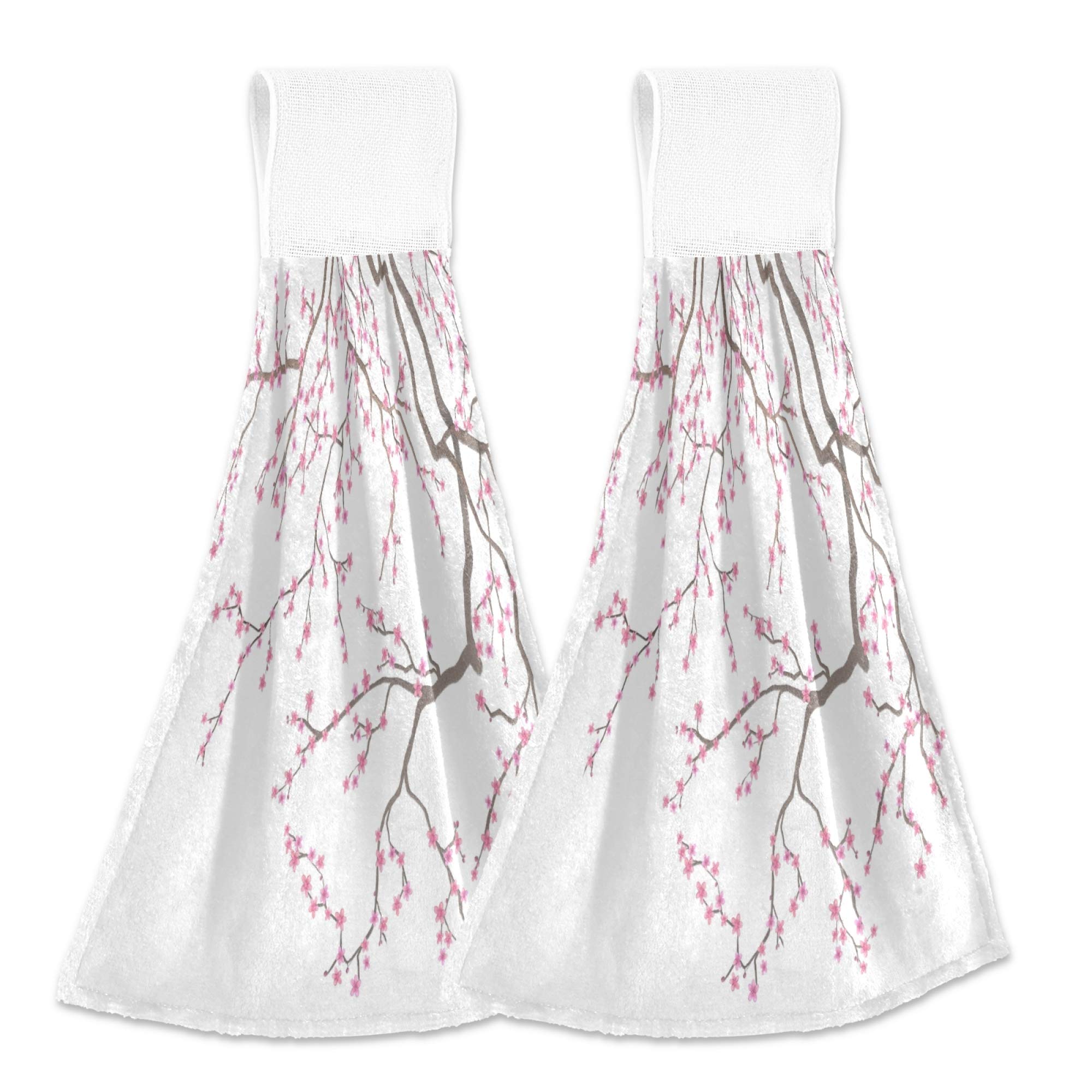 ASLSIY Branch Cherry Blossom Hanging Kitchen Towels - Set of 2 Fast Drying Pink Floral Dish Towels for Bathroom, Kitchen & Gym - Absorbent Hand Tea Towels for Home Decor & Tabletop Use