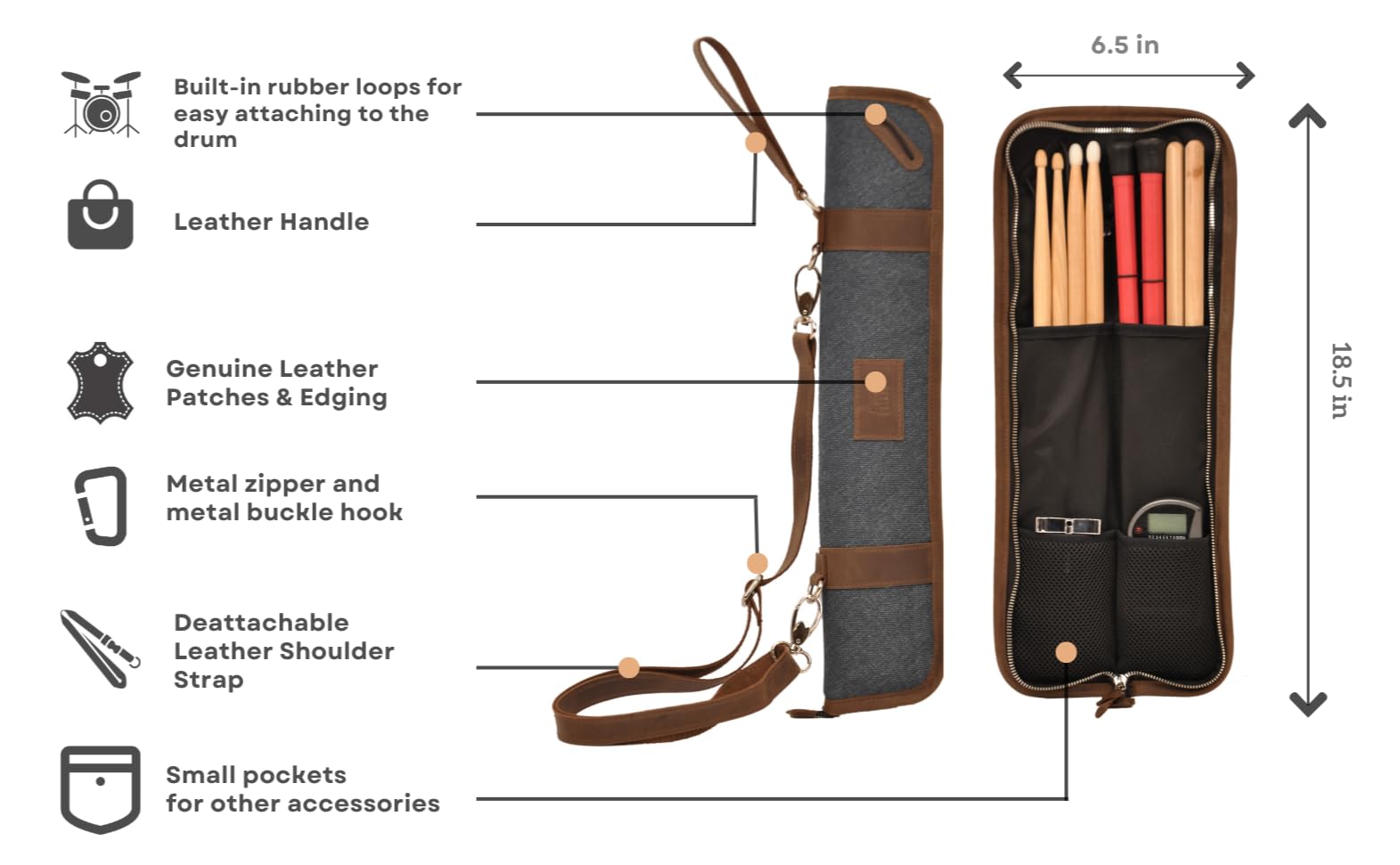 Handmade Leather Drumstick Bag with Adjustable Shoulder Strap - Built-in Rubber Loops for Secure Storage - Premium Canvas Marching Band Drumstick Case - Perfect Gift for Drummers & Music Lovers - Ideal for Band Practice, Performances & Travel
