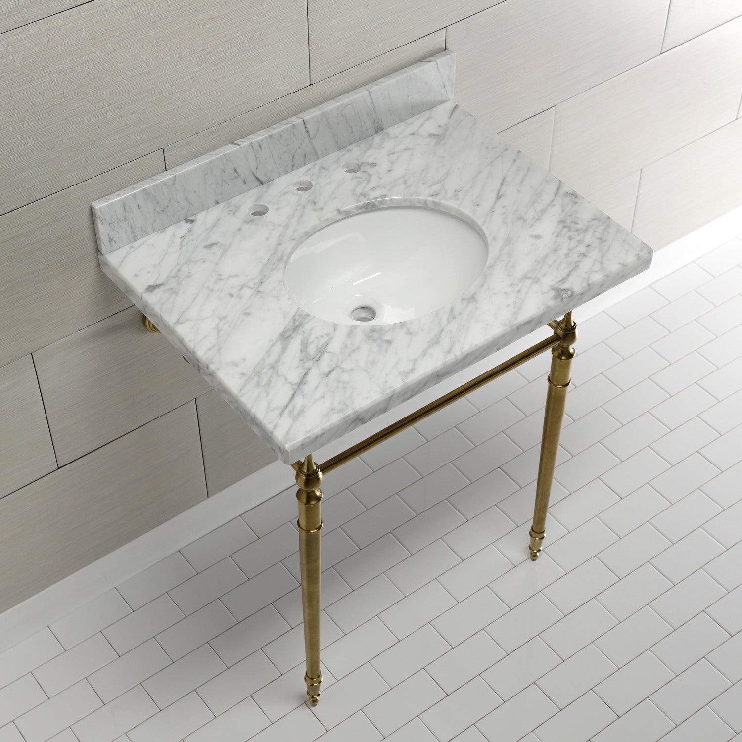 30 Inch Carrara Marble Bathroom Console Sink with Brass Legs - 8 Inch Depth, 3 Hole Faucet Mount - Perfect for Vintage Style Powder Rooms & Luxury Master Bathrooms