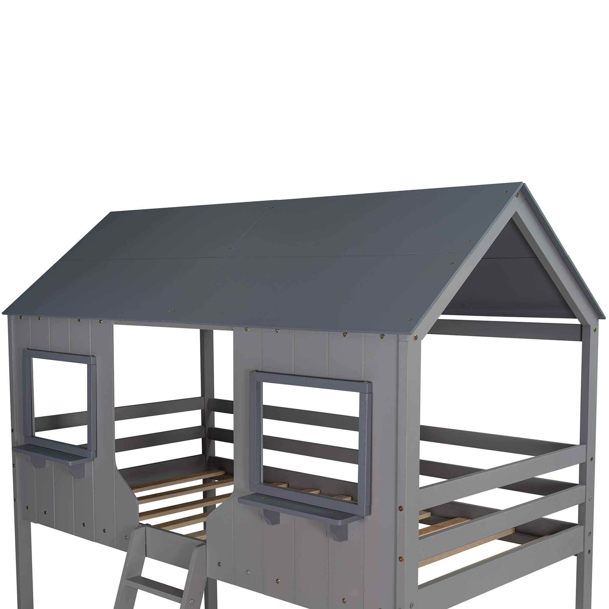 House-Shaped Twin Over Twin Low Wood Bunk Bed for Kids & Toddlers - Gray with Roof, Window, Guardrail & Ladder | Safe Kids Bedroom Furniture for Small Spaces, Sleepovers & Shared Rooms