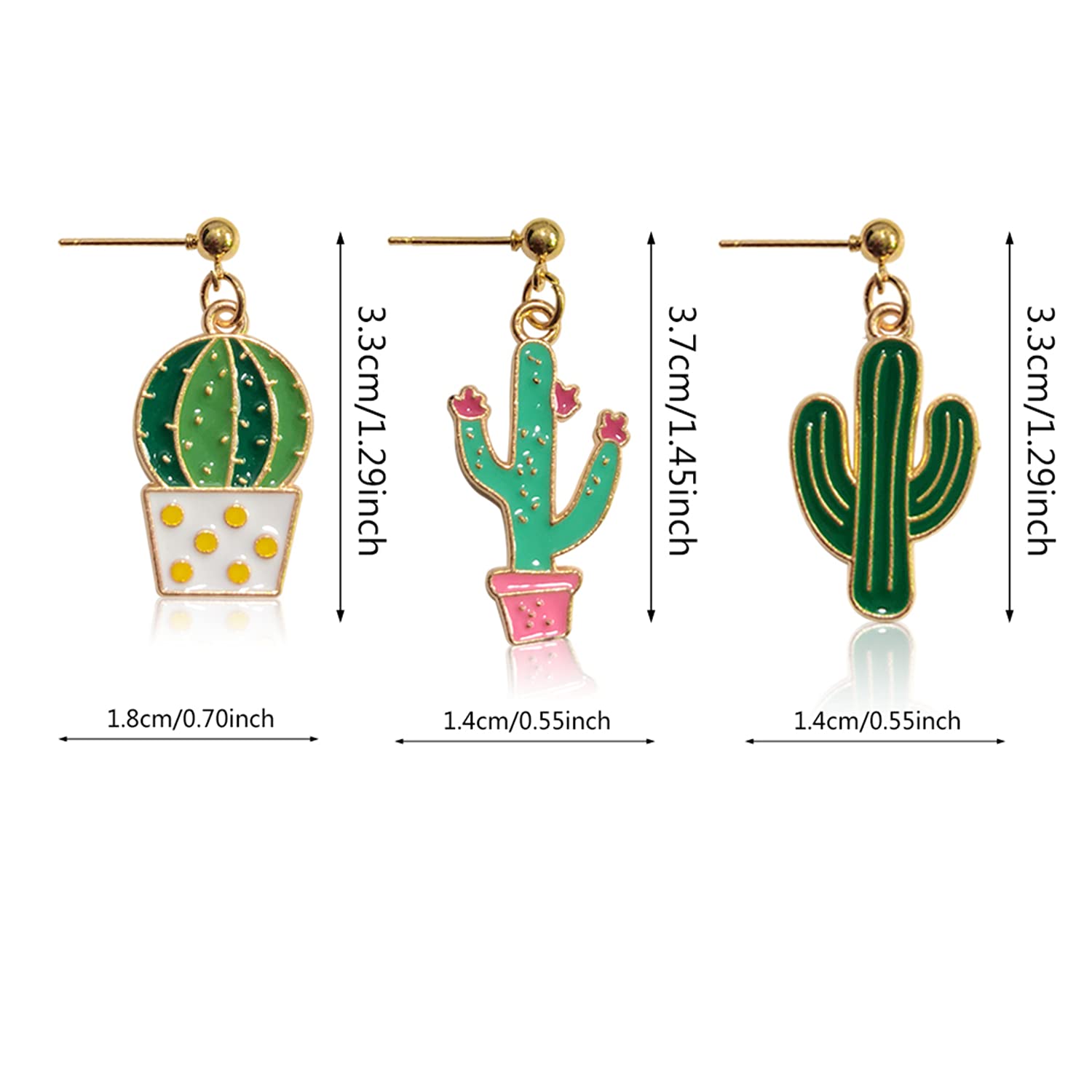 3 Pairs Unique Handmade Lightweight Funny Green Cactus Enamel Drop Earrings for Women - Sweet Creative Potted Plant Stud Earrings - Perfect for Boho Style, Summer Outfits & Gift Giving