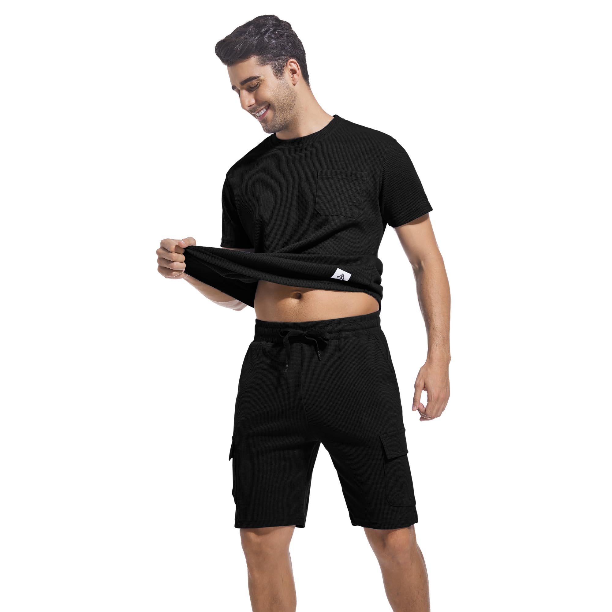 ANOTWENER Men's 2-Piece Summer Outfit - Casual Waffle Knit T-Shirt & Shorts Set for Beach Vacation, Pool Party, and Outdoor Activities