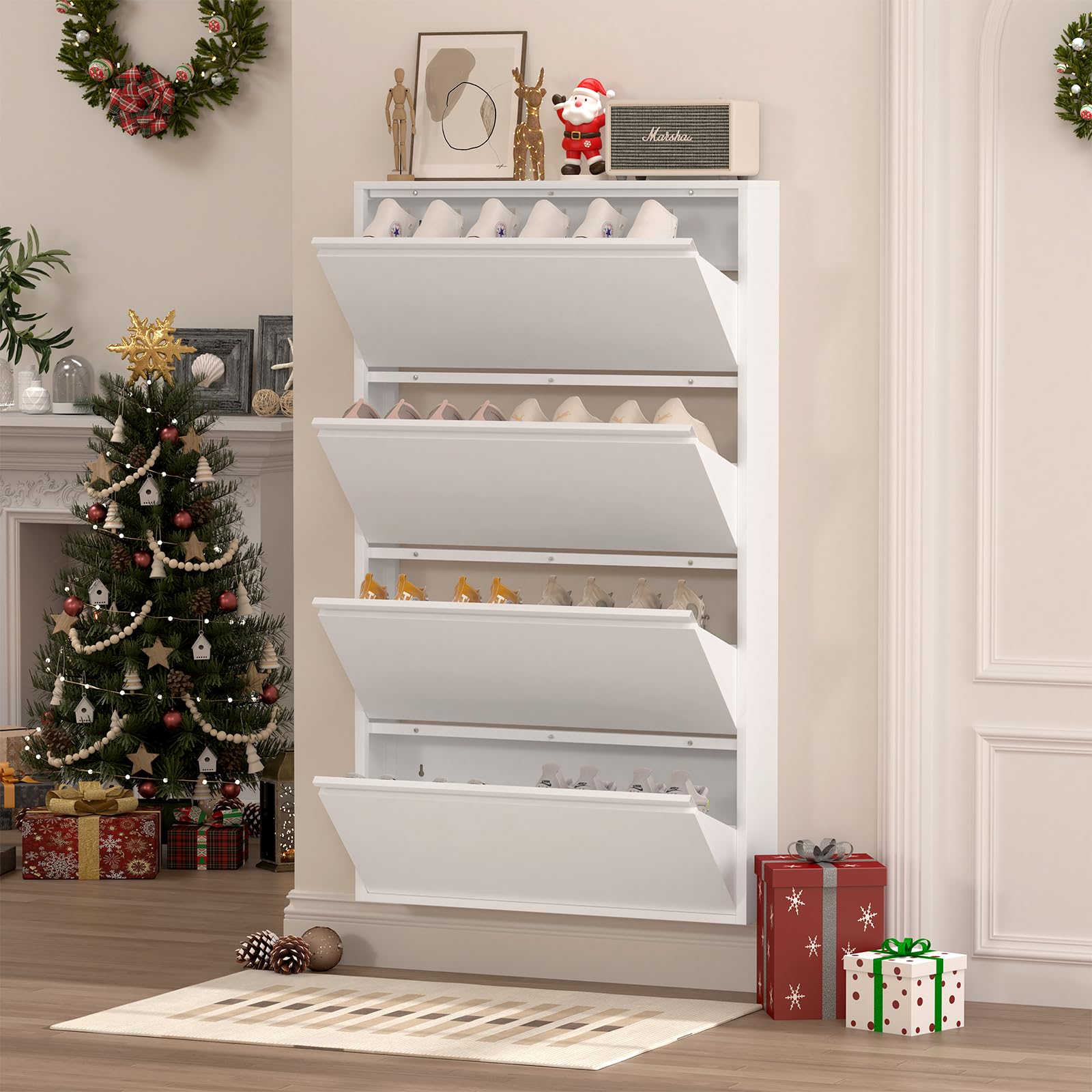 LucyPal 4-Tier Wall Mounted Shoe Storage Cabinet - White Narrow Flip-Drawer Shoe Organizer for Entryway, Hallway & Living Room (56.9