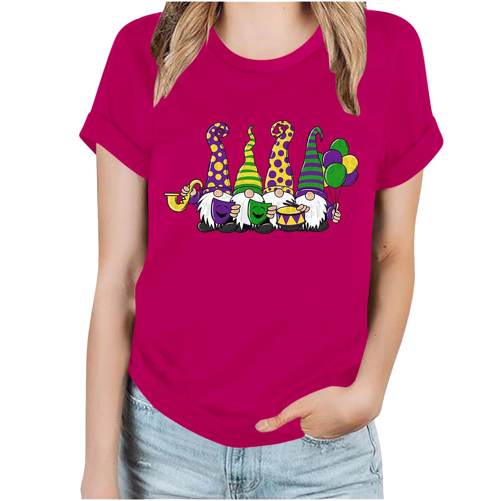 Funny Mardi Gras Print T-Shirts for Women | Short Sleeve Round Neck Carnival Theme Tops | Perfect for Mardi Gras Parties, Costume Events & Festive Celebrations