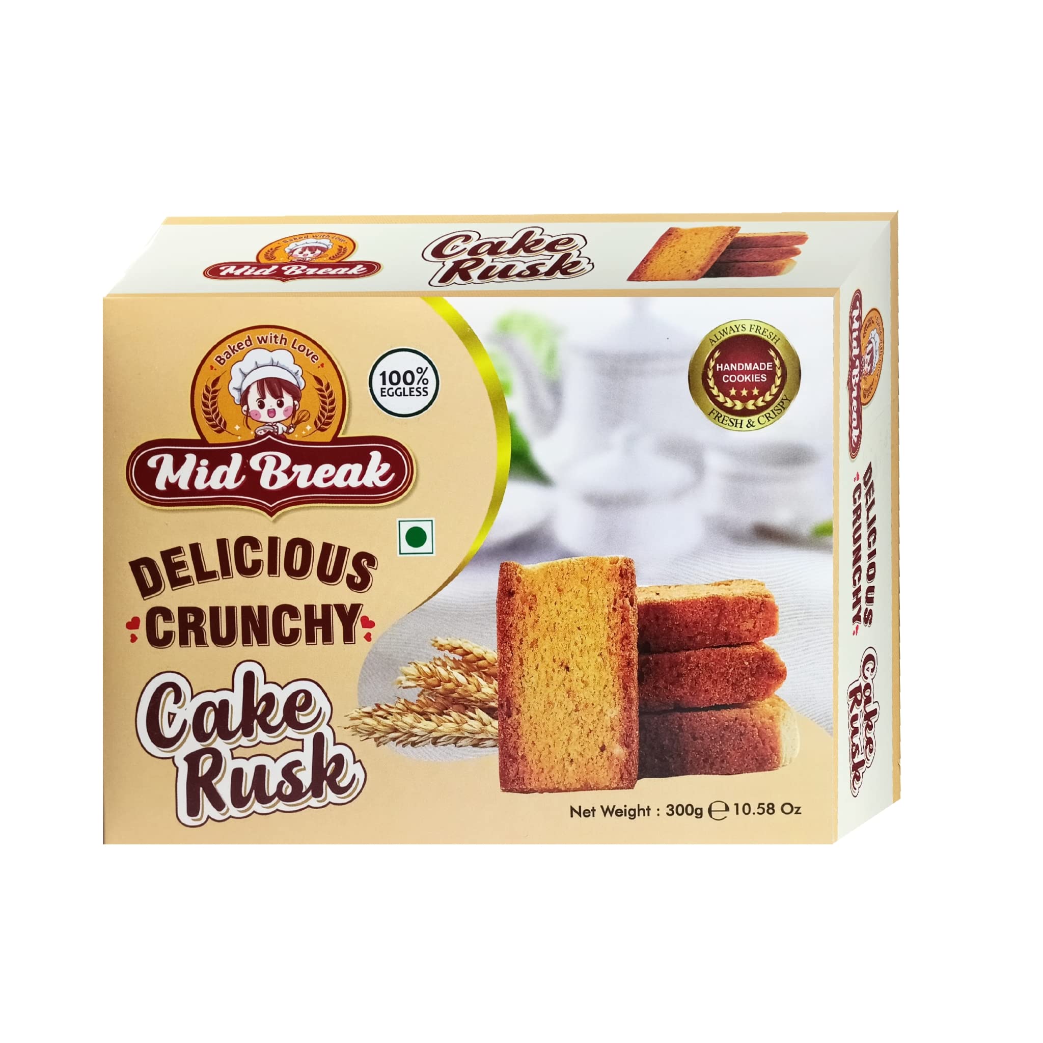 Premium Handmade Eggless Cake Rusks - Extra Soft & Delicious MidBreak Snack, 300g (Pack of 1) - Perfect for Tea Time, Breakfast or Gifting