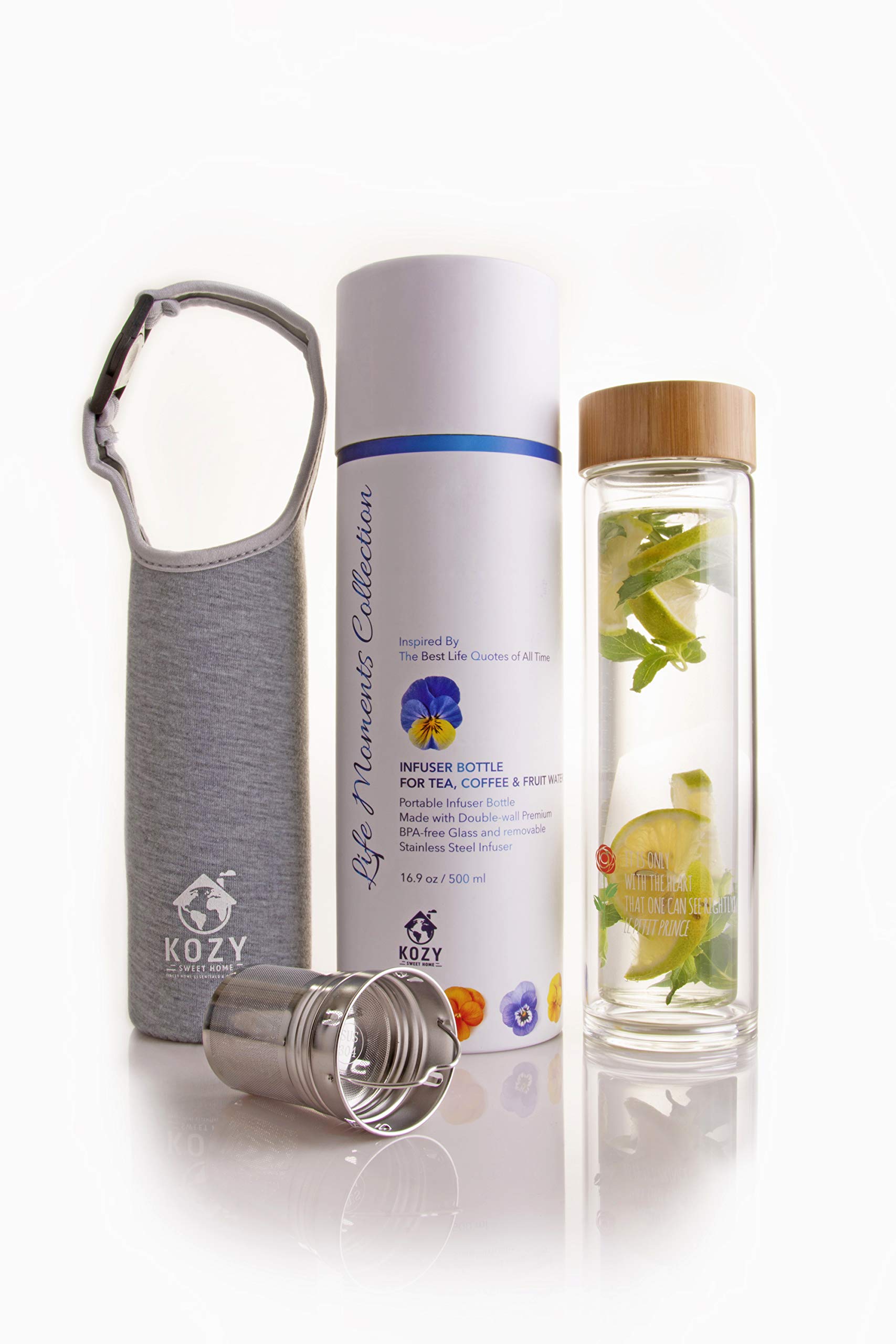 Kozy Kitchen Double Wall Glass Tumbler with Steel Infuser - Insulated for Hot & Cold Drinks - Perfect for Loose Leaf Tea, Coffee & Fruit Infused Water (Grey Sleeve/Le Petit Prince Design) - Ideal for Office, Travel & Home Use