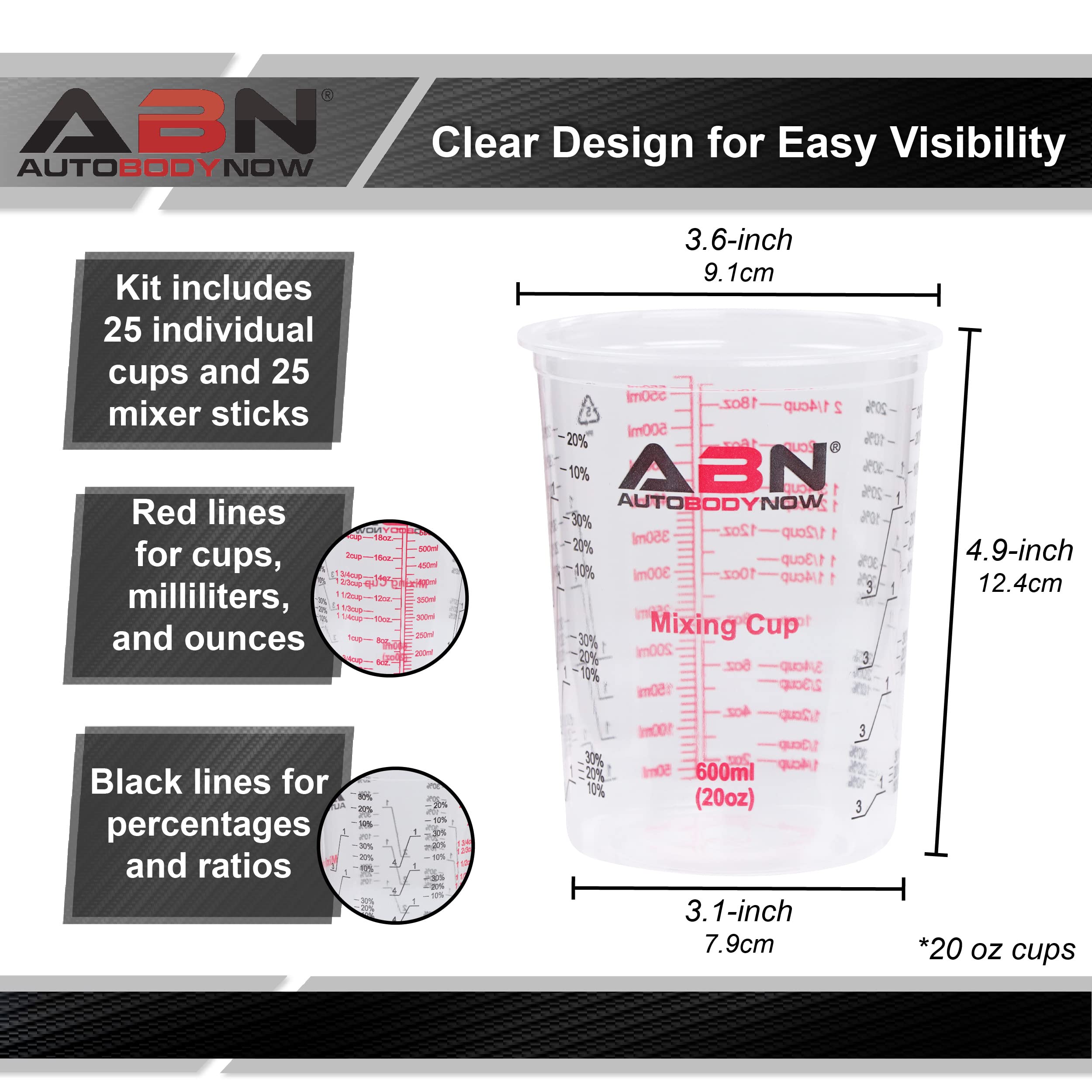 ABN 20oz Automotive Paint Mixing Cups - 25 Pack Plastic Measuring Cups for Epoxy Resin, Activators, Thinners - Includes Bonus Mixing Sticks - Perfect for Auto Body Repair, DIY Projects & Crafting