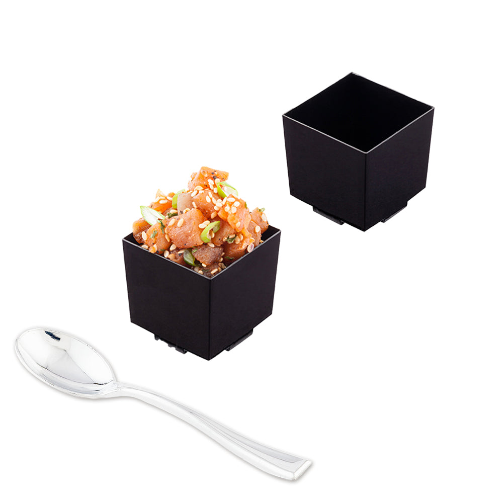 100 Pack 3 oz Square Black Plastic Quadrato Cups with 100 Silver Mini Plastic Spoons - Perfect for Parties, Desserts, Coffee & Tea Serving