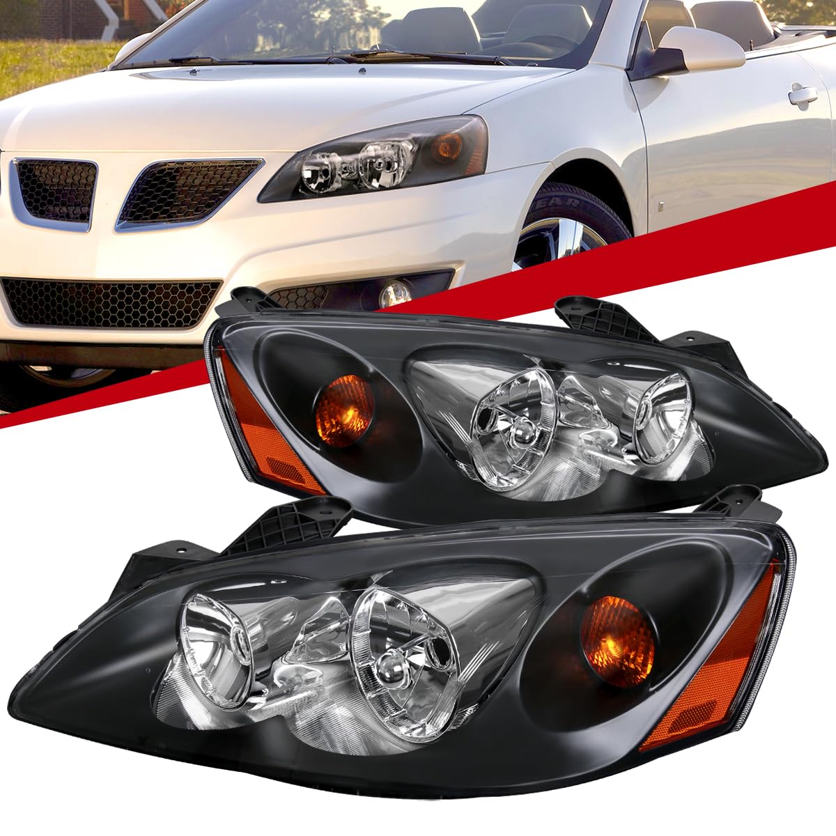 2005-2010 Pontiac G6 Black Headlights with Amber Corner Turn Signals - Replacement Headlight Assembly for Improved Night Visibility & Style Upgrade