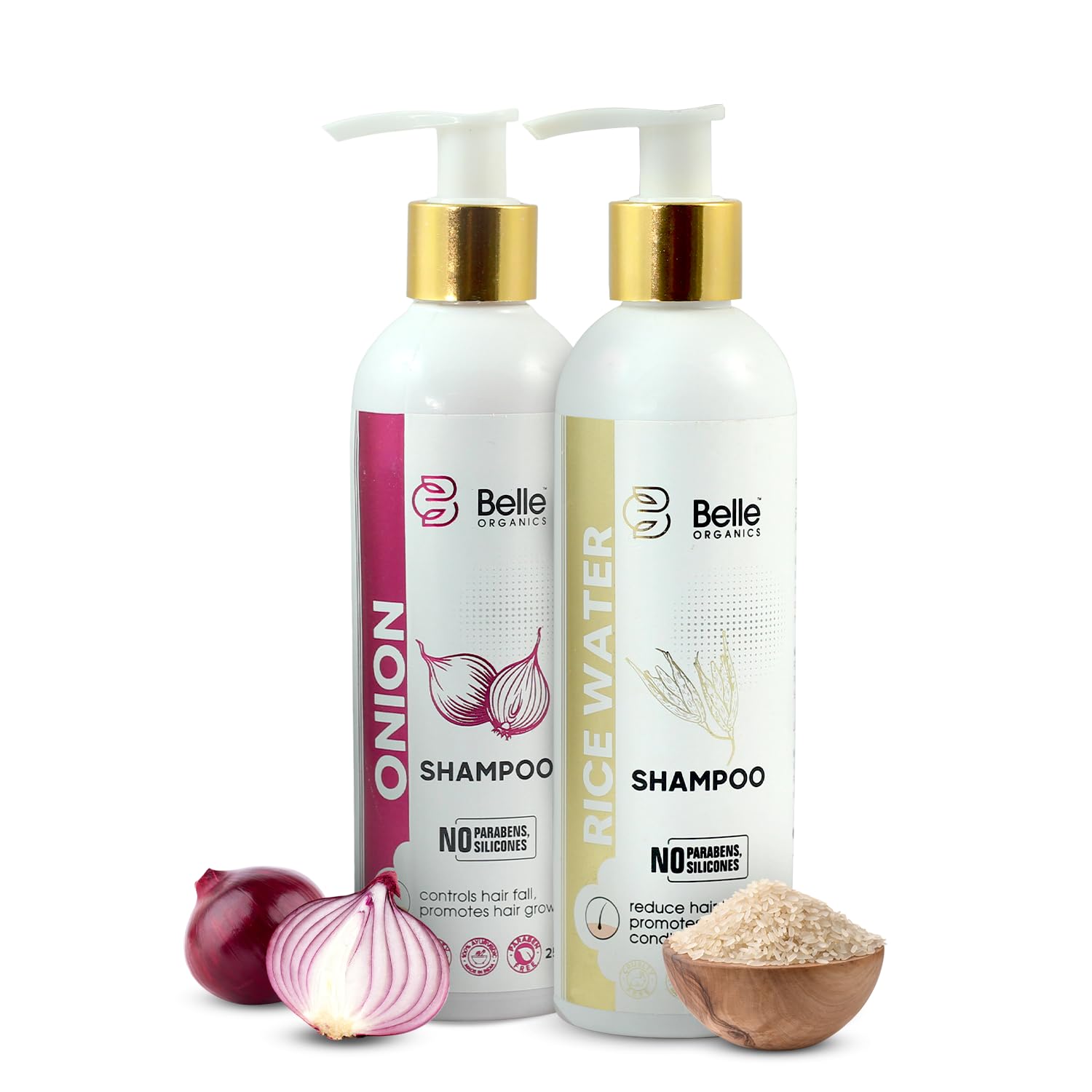 Belle ORGANICS Rice Water & Onion Shampoo Set - 250ml Each | Ayurvedic Hair Growth Treatment for Stronger, Silkier Hair | Sulfate, Silicone & Paraben Free | Men & Women | Daily Hair Care for Damaged & Thinning Hair | Home Spa & Salon Quality Treatment