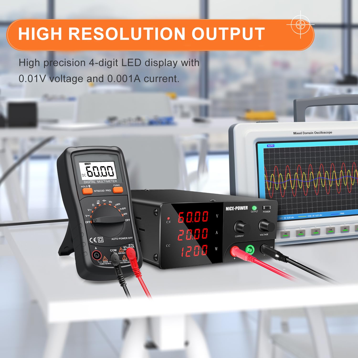 NICE-POWER 60V 20A 1200W Adjustable DC Power Supply with Encoder Knob & Output Switch - High Precision Variable Bench Power Supply for Electronics Repair, Lab Testing, and DIY Projects