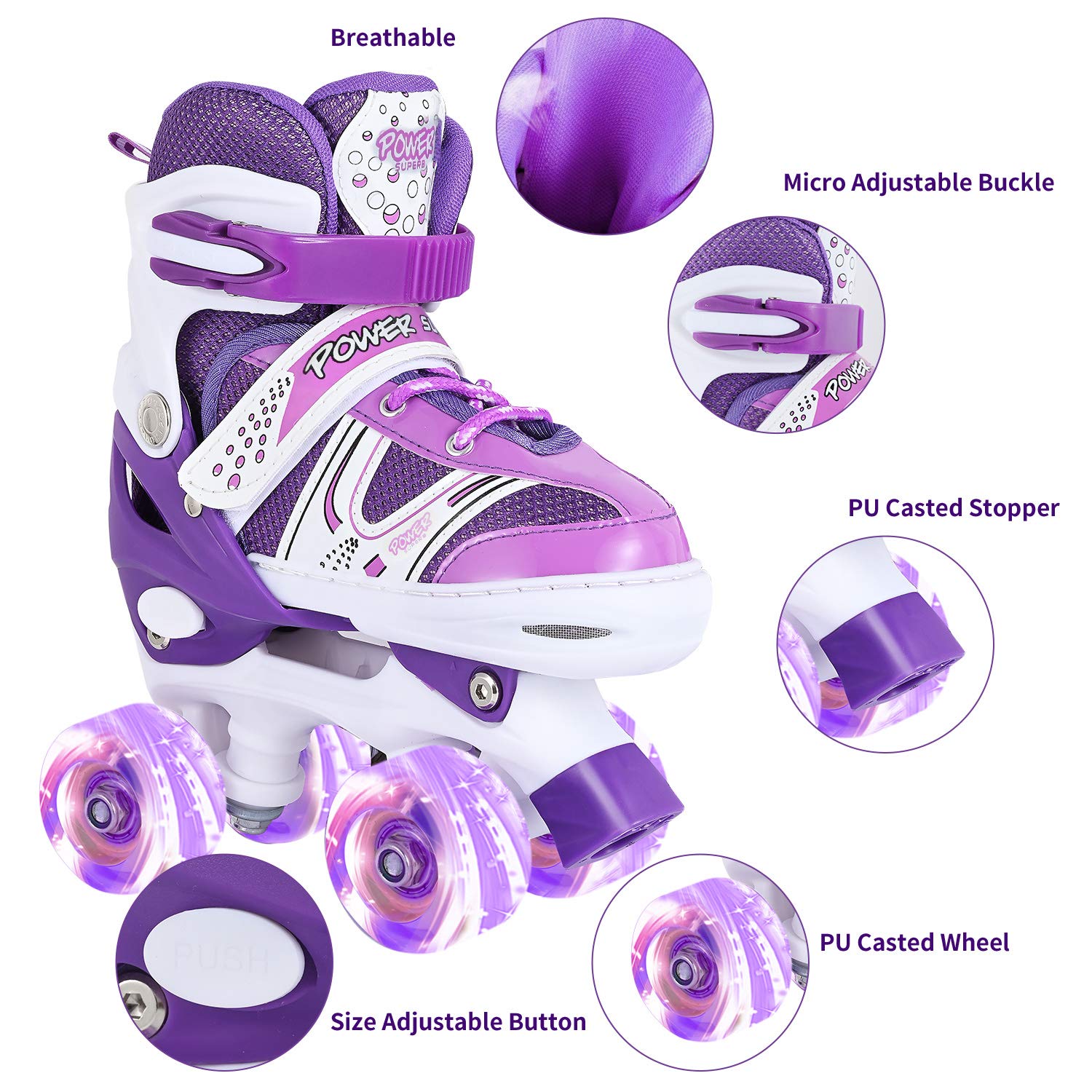 Adjustable Light Up Roller Skates for Kids - Double Wheel Illuminating Skates for Boys & Girls, Beginners (Purple) - Perfect for Outdoor Fun, Birthday Gifts & Roller Skating Parties