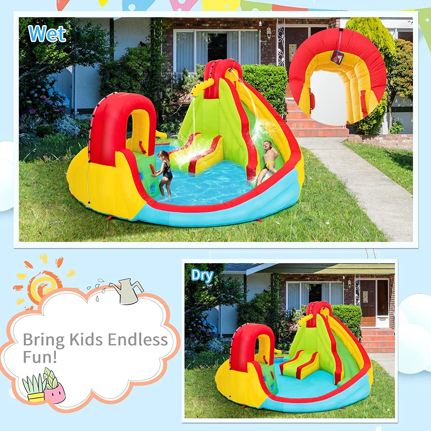 OLAKIDS Inflatable Water Slide - 7-in-1 Bounce House with Dual Slides, Climbing Wall, Splash Pool, Basketball Hoop & Water Guns | Outdoor Summer Party Water Play for Kids Backyard, Birthday, Beach | Includes Carrying Bag & Repair Kit