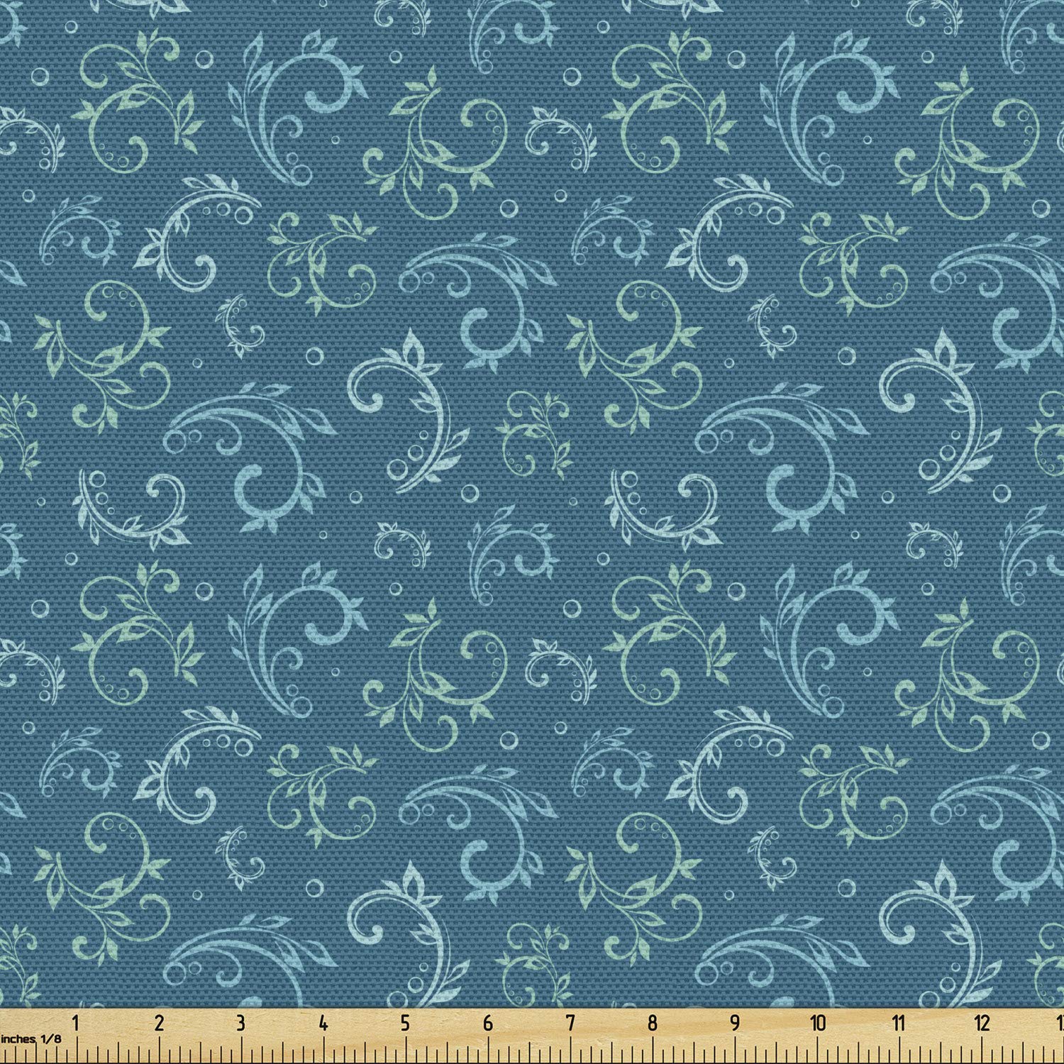 Ambesonne Garden Art Fabric by The Yard - Blue Monochrome Curlicue Branches & Bubbles Pattern - Upholstery & Home Decor Fabric (1 Yard, Petrol Blue & Seafoam) - Perfect for DIY Curtains, Pillow Covers & Craft Projects