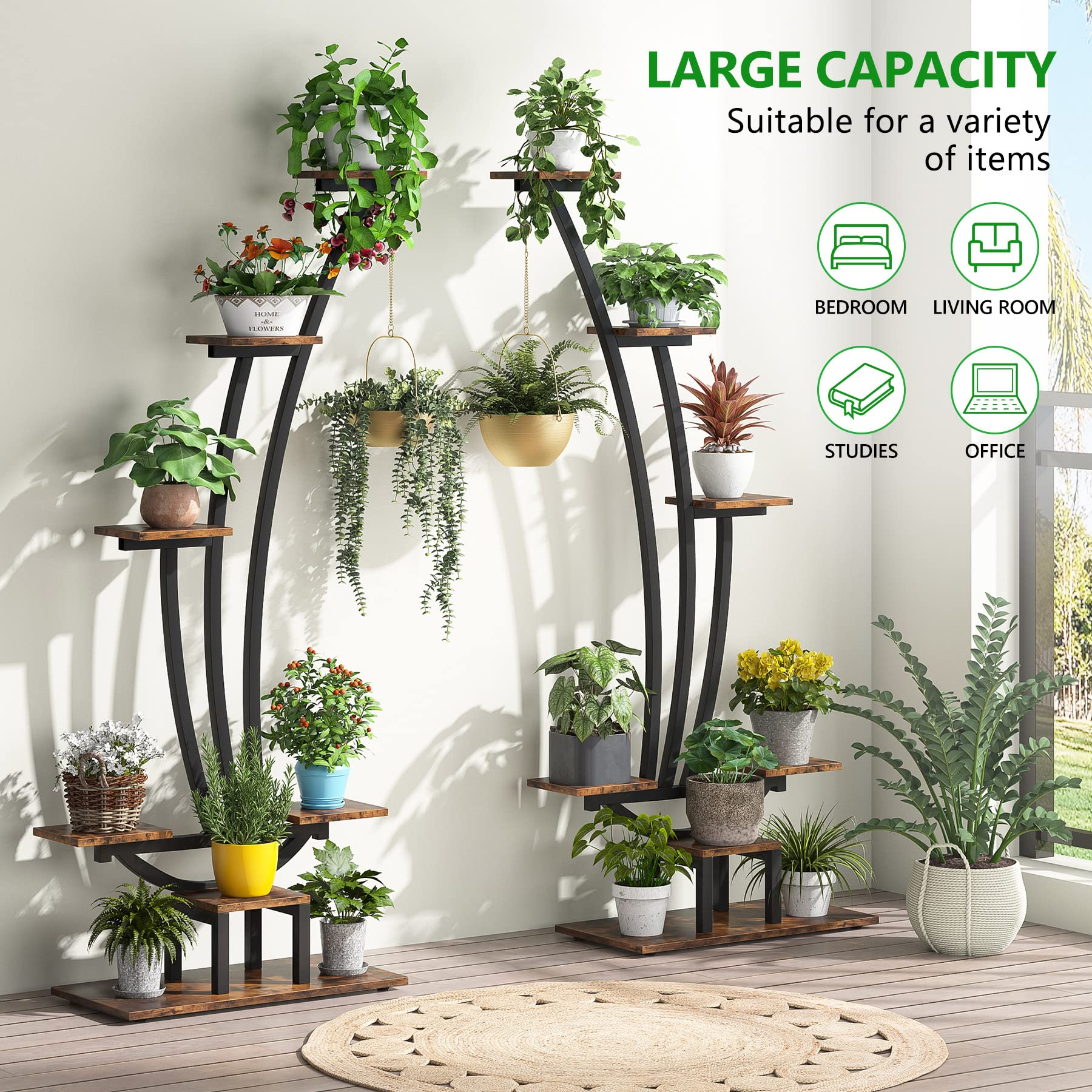 Tribesigns 6-Tier Tall Indoor Plant Stand - Set of 2 Metal Curved Display Shelves with Hanging Hooks for Bonsai, Flower Pots & Home Decor - Perfect for Living Room, Garden, Balcony & Indoor Plants Organization