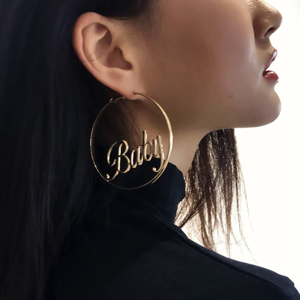 Minzaos BETHYNAS Retro Hollow Words Hoop Earrings for Women - Large Circle Hoop Earrings, Femme Chicana Charm, Dainty Jewelry for Girls & Teens - Perfect for Parties, Date Nights & Everyday Wear