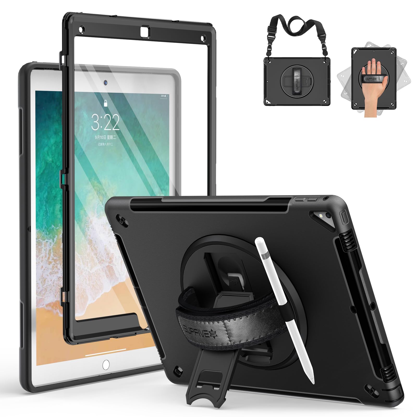 SUPFIVES Military Grade Shockproof iPad Pro 12.9 Case (1st & 2nd Gen 2015/2017) - Heavy Duty Silicone Cover with Pencil Holder, Handle, Shoulder Strap & Rotating Stand - Perfect for Travel, Work & Outdoor Use - Black