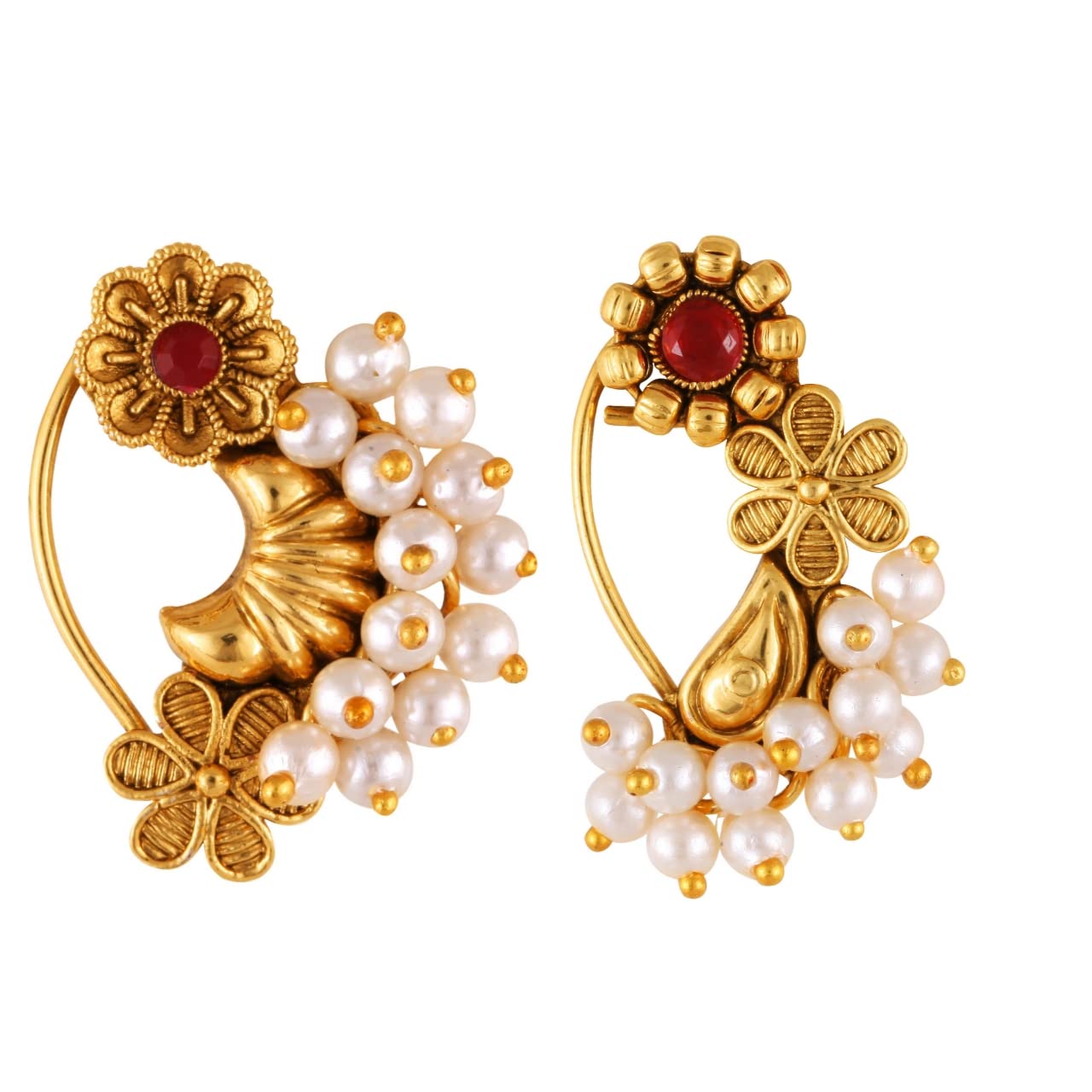 Vighnaharta Golden Moti Pearls Nose Ring - Gold Plated Alloy Nath Nathiya Nose Pin - Valentine's Day Gift for Her/Him - Elegant Jewelry for Women - Perfect for Weddings, Parties & Special Occasions [VFJ1179-1173NTH-Press-Red]