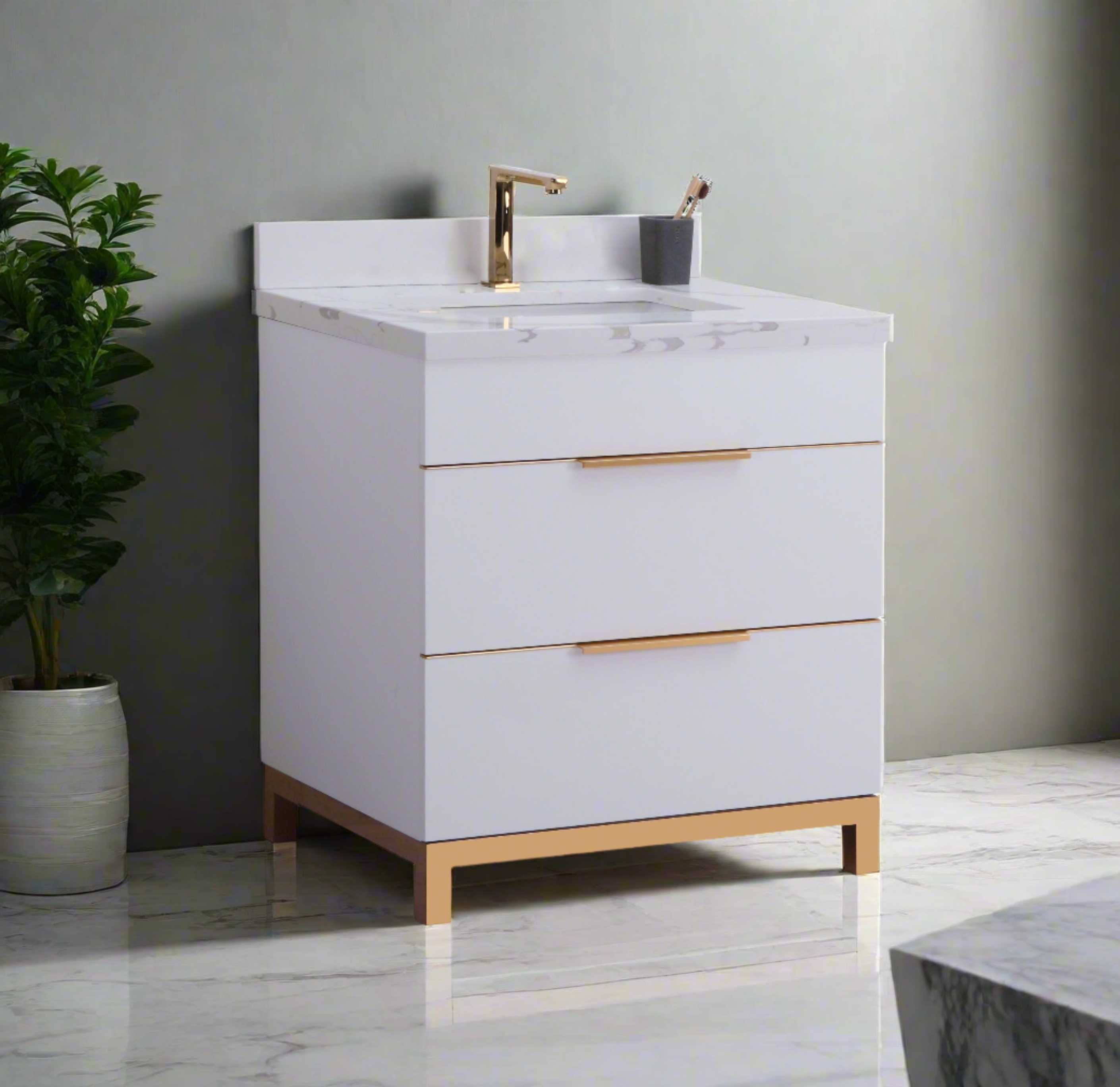 Modern White Floor Standing Bathroom Vanity with Calcatta Quartz Countertop & Bronze Hardware - 30 Inch Contemporary Bathroom Storage for Small Spaces, Powder Rooms & Master Baths