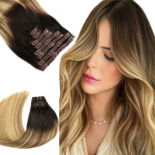 SEACOLOR Clip-in Human Hair Extensions 8pcs 16inch 130g Soft Thick Remy Hair - Dark Brown to Chestnut Balayage & Dirty Blonde Straight | Perfect for Daily Styling, Parties & Special Occasions