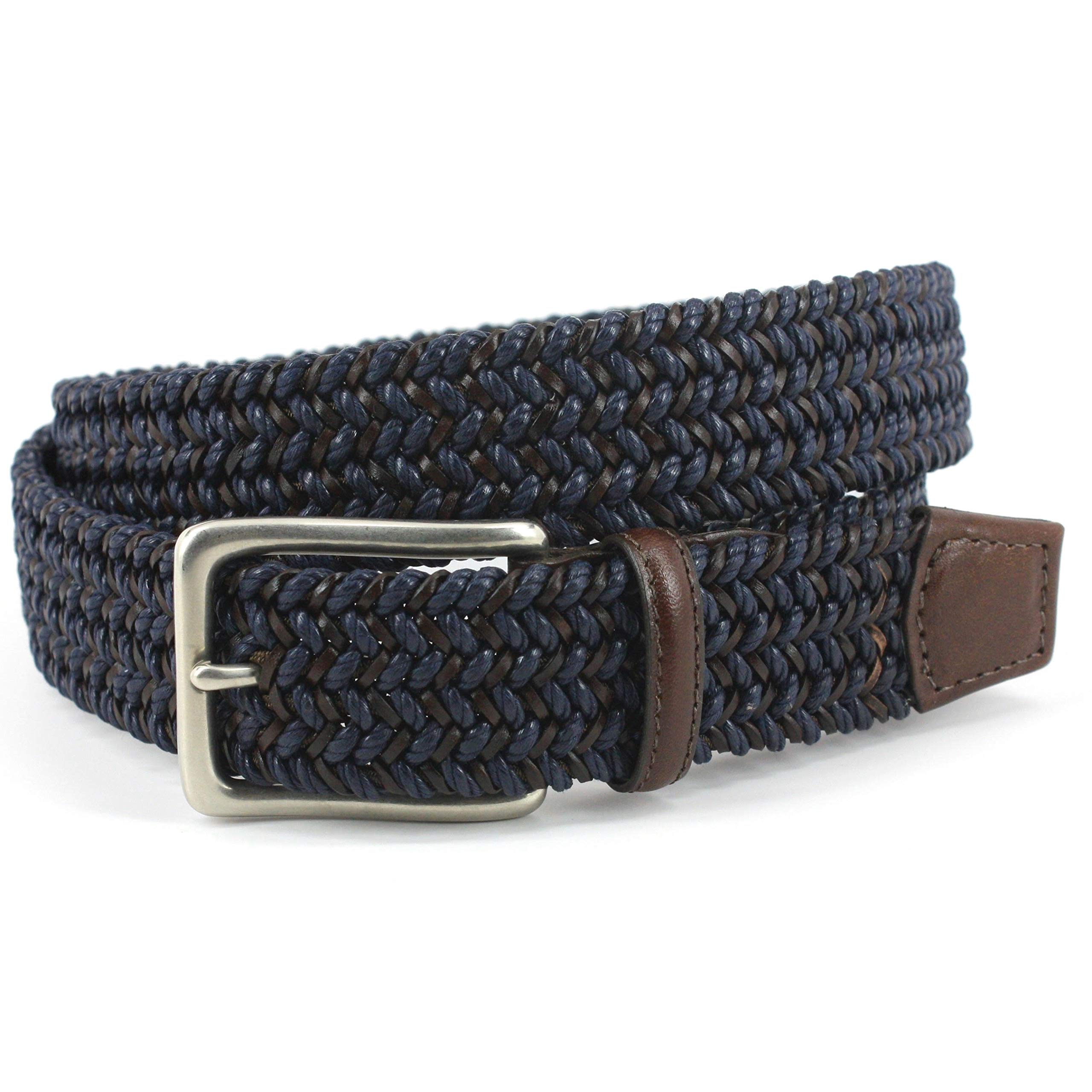 Italian Woven Cotton and Leather Elastic Stretch Belt - Adjustable Waistband for Men & Women | Perfect for Jeans, Pants, Dresses and Casual Outfits