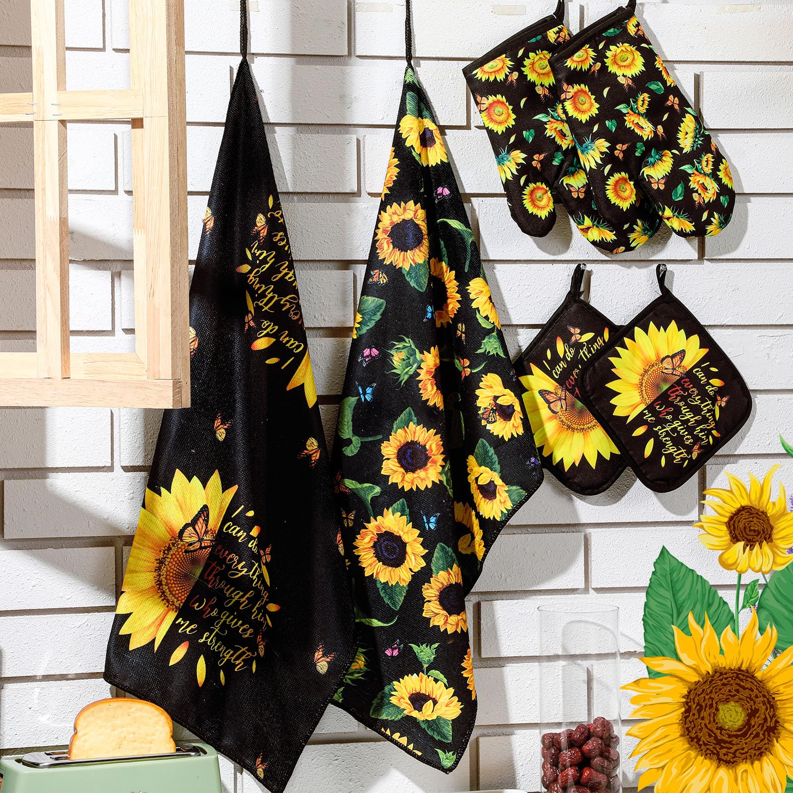 Bencailor 6-Piece Kitchen Decor Set - 2 Oven Mitts, 2 Dish Towels, 2 Pot Holders - Farmhouse Style Cooking & Baking Accessories for Grilling, Baking, and Kitchen Use (Black & Sunflower Design) - Perfect for Home Cooking, BBQ Parties, and Holiday Gift Giving
